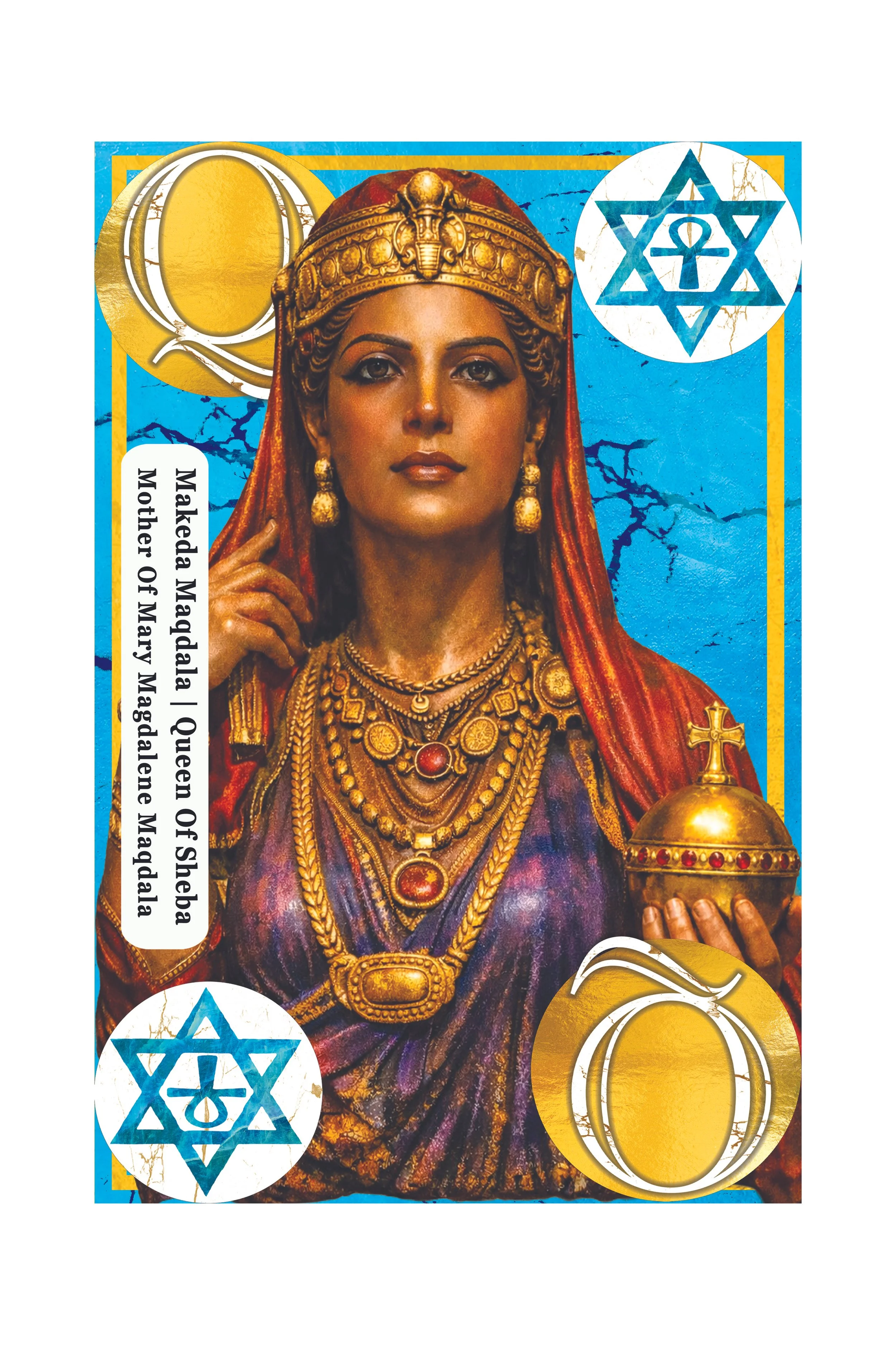 Illustration of Queen Sheba with gold jewelry and a crown, holding a gold orb, surrounded by Star of David symbols.