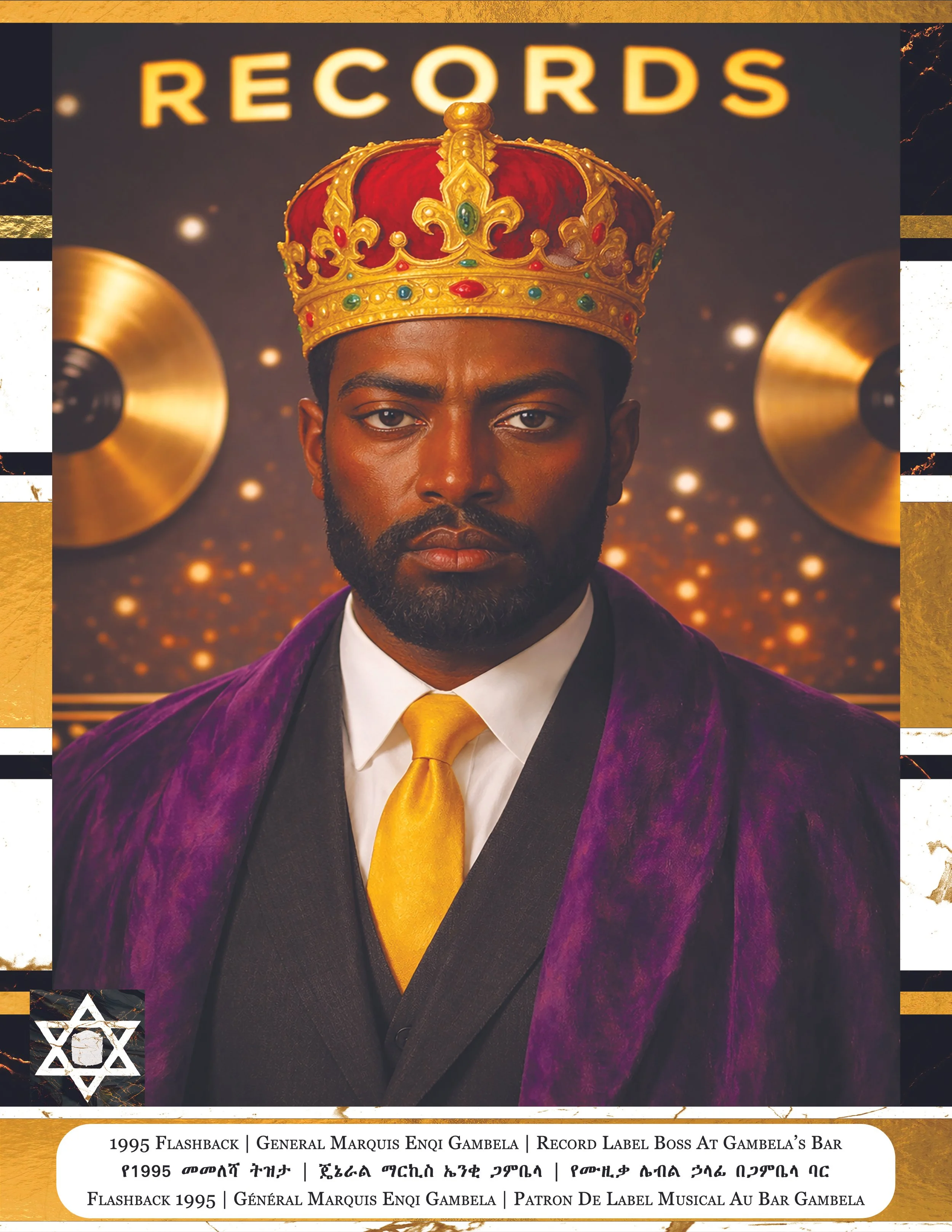 A man wearing a crown and purple velvet jacket, with a gold tie, in front of a background with musical records and lights. The image features golden and black accents with text in English and another language at the bottom.