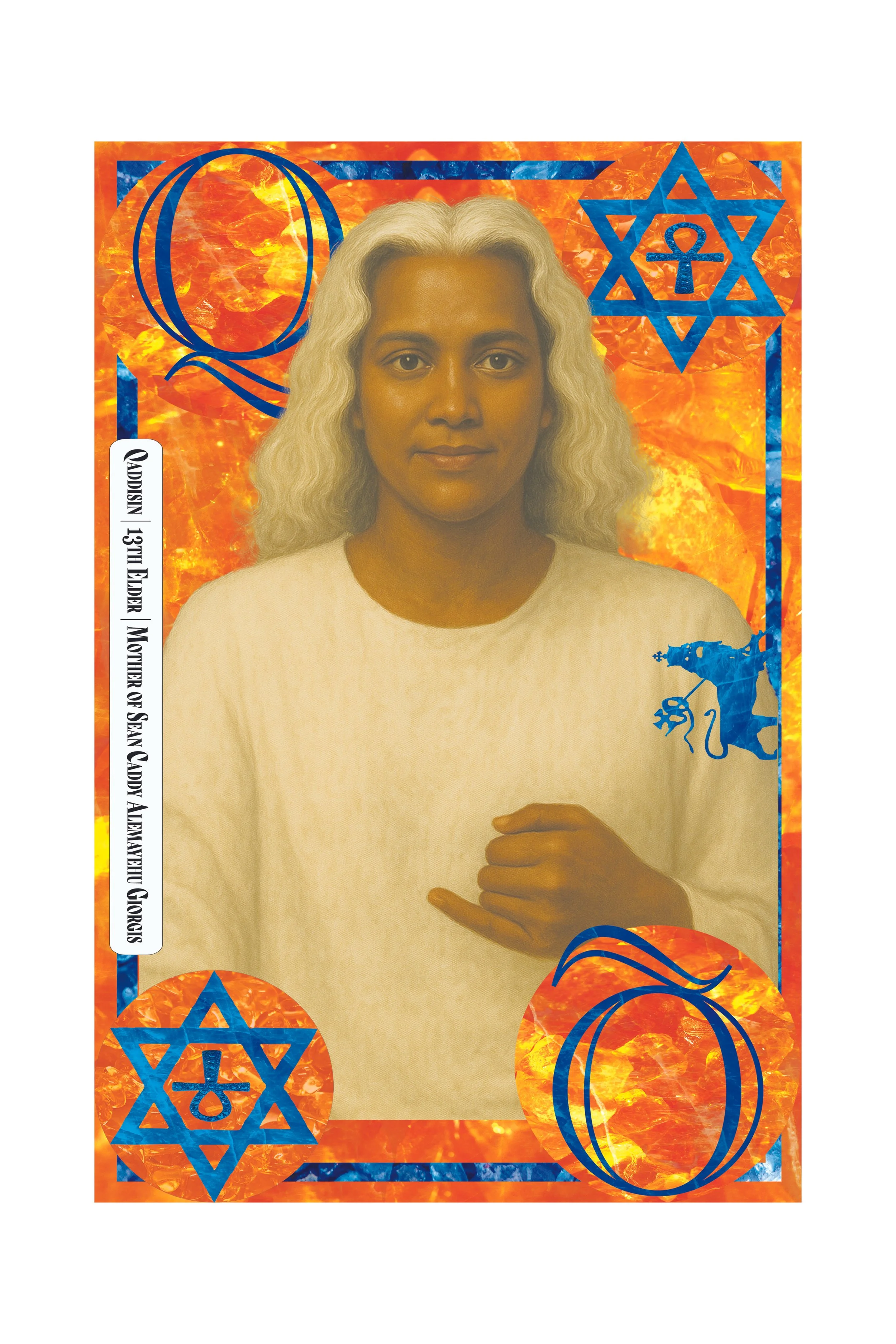 A portrait of a woman with long, wavy gray hair wearing a beige top, with a fiery orange and blue background featuring symbols such as a Star of David with a key inside, a man playing a guitar, and the word 'GOD' in German.