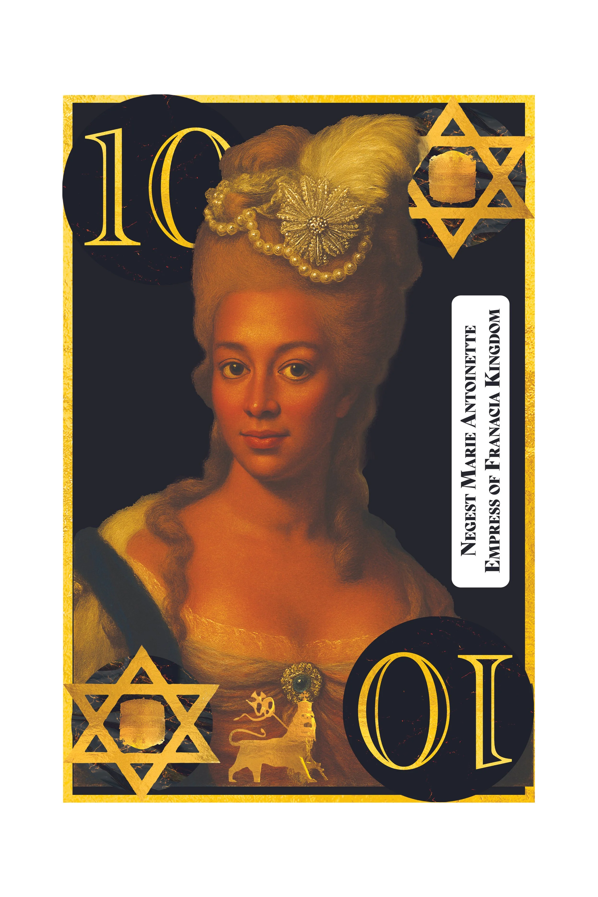 A stylized 100-dollar bill featuring a portrait of a woman with an elaborate hairdo decorated with pearl necklaces and a brooch, overlaid with gold and black symbols including Star of David and other emblems, with the text 'Negest Marie Antoinette Em