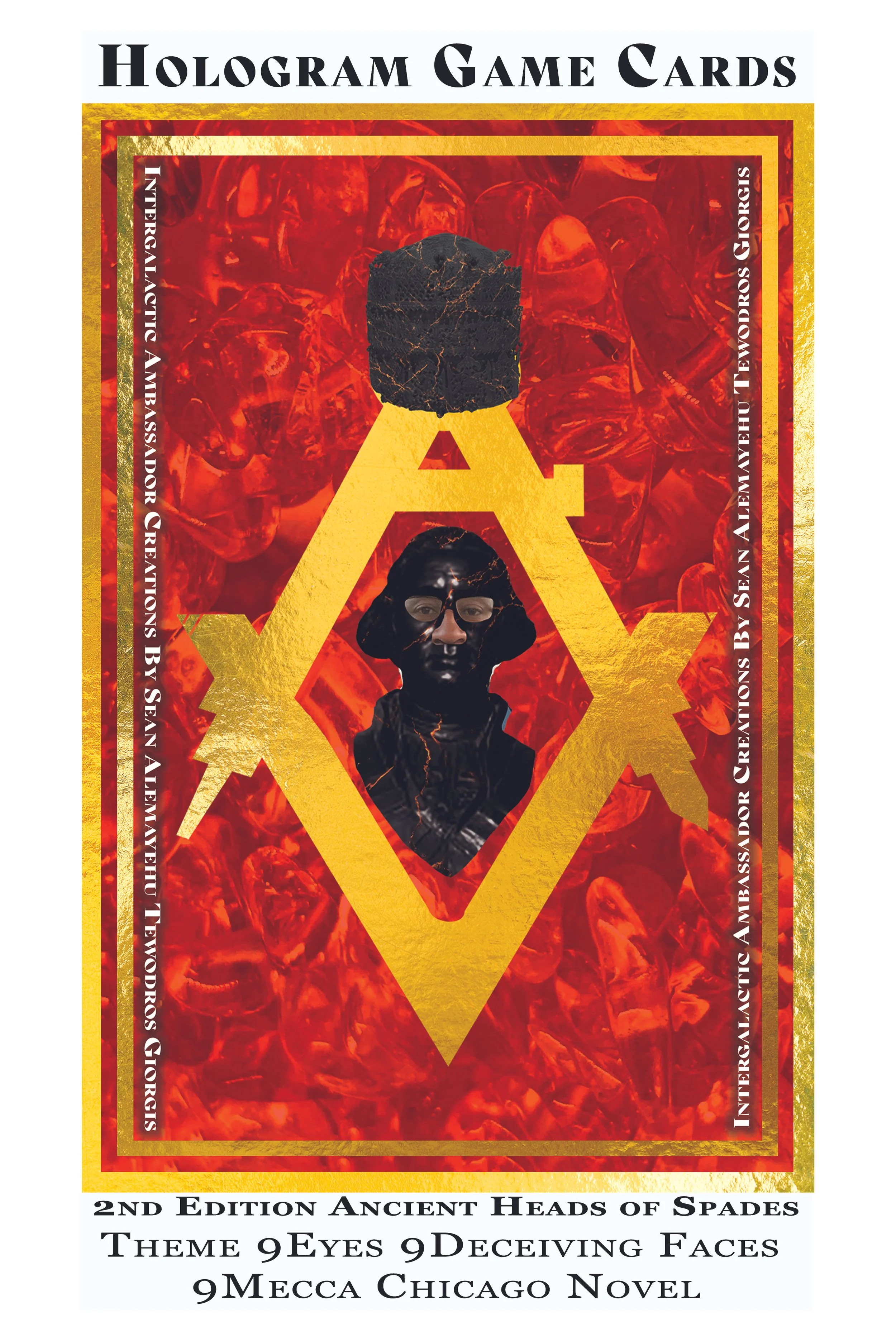 A colorful tarot card design with a red and orange background featuring a large yellow Omega symbol. A human figure wearing a black mask and black clothing is inside the Omega symbol, with two black stones above and below the symbol. The card has a gold border and black text at the top and bottom, indicating it is a deck titled "Hologram Game Cards" and describing the theme as "Ancient Heads of Spades" with various attributes listed.