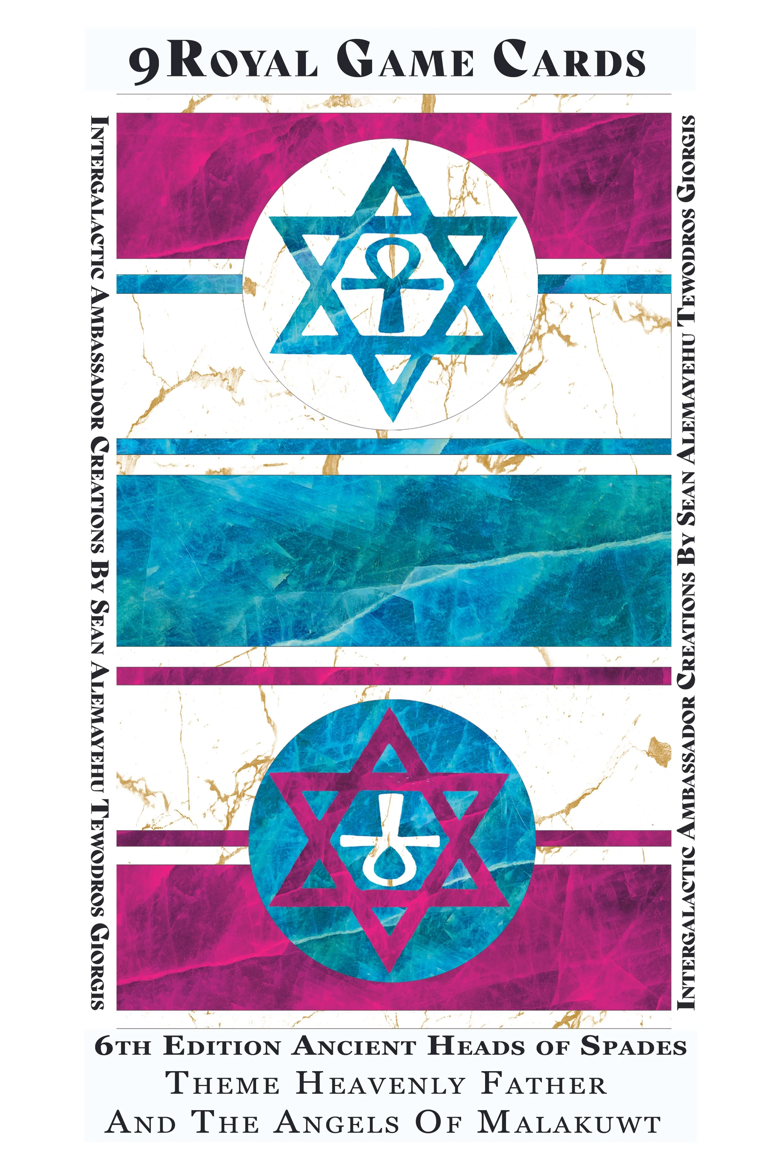 Book cover titled '9 Royal Game Cards' with a pink, blue, and white color scheme, featuring a central star-like symbol with an Omega and a chalice, and text indicating it is the 6th edition of an ancient head of spades theme called 'Heavenly Father and the Angels of Malakuwt'.