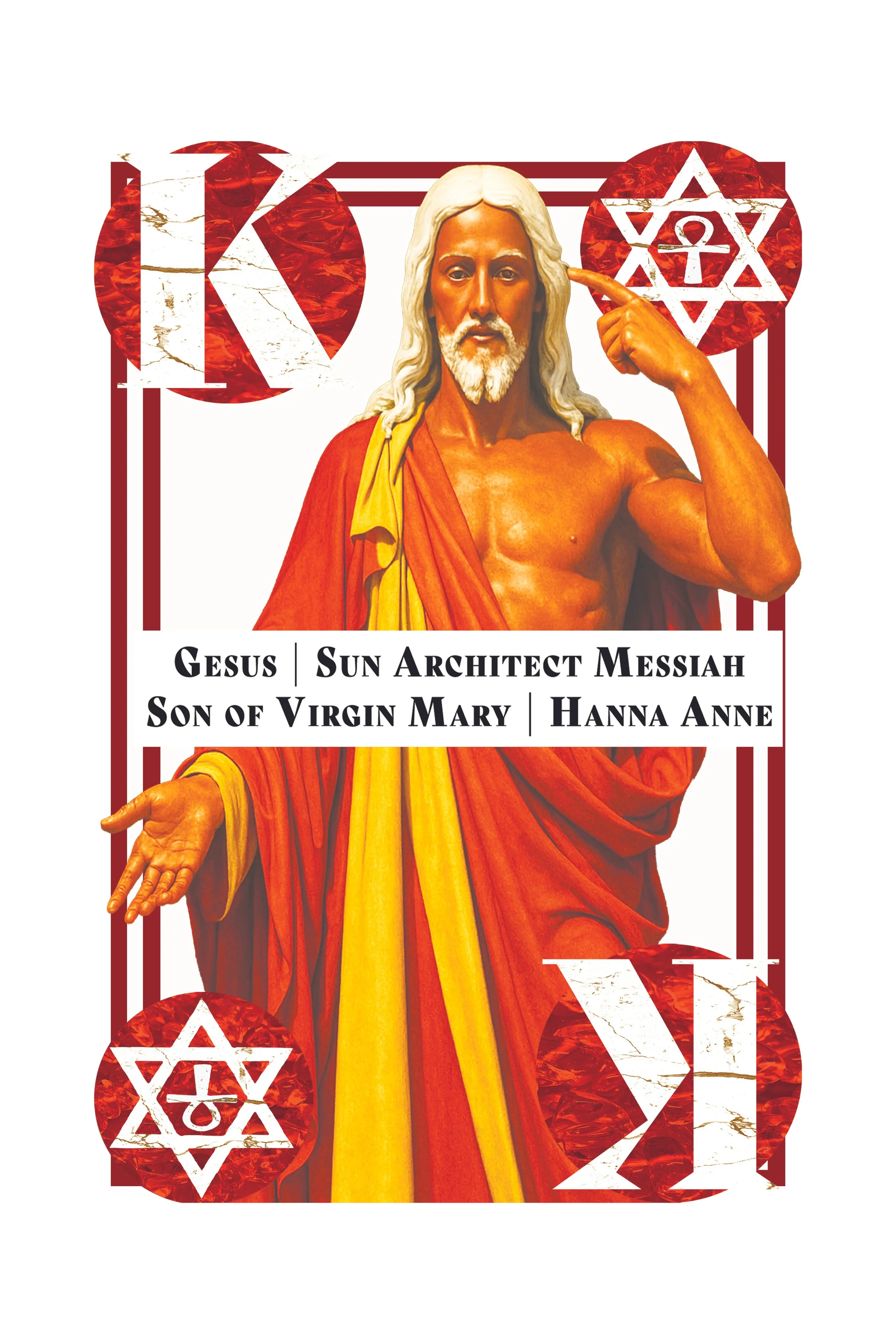 An artistic depiction of Jesus Christ with long white hair and a beard, wearing a red and yellow robe, pointing to his head with his right hand. The background features a stylized red marble pattern with prominent white lightning bolt shapes and Star
