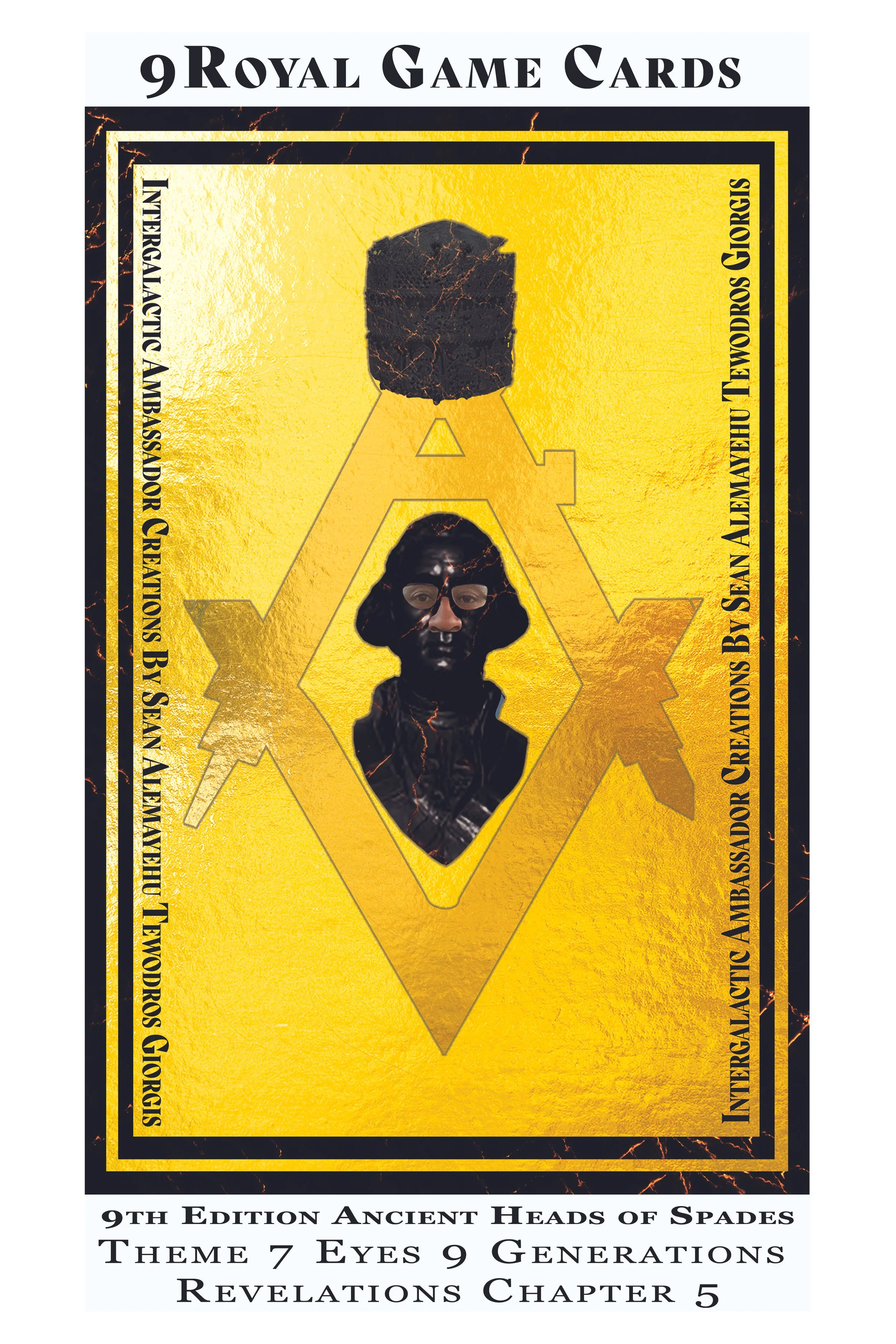 A cover of a tarot card deck box, specifically for 9 royal game cards, featuring a yellow background with black and gold details. The center displays an illustration of a human face with a dark complexion, glasses, and a head covering. Text on the box mentions the edition, theme, and specific card types, including ancient heads of spades and eyes.