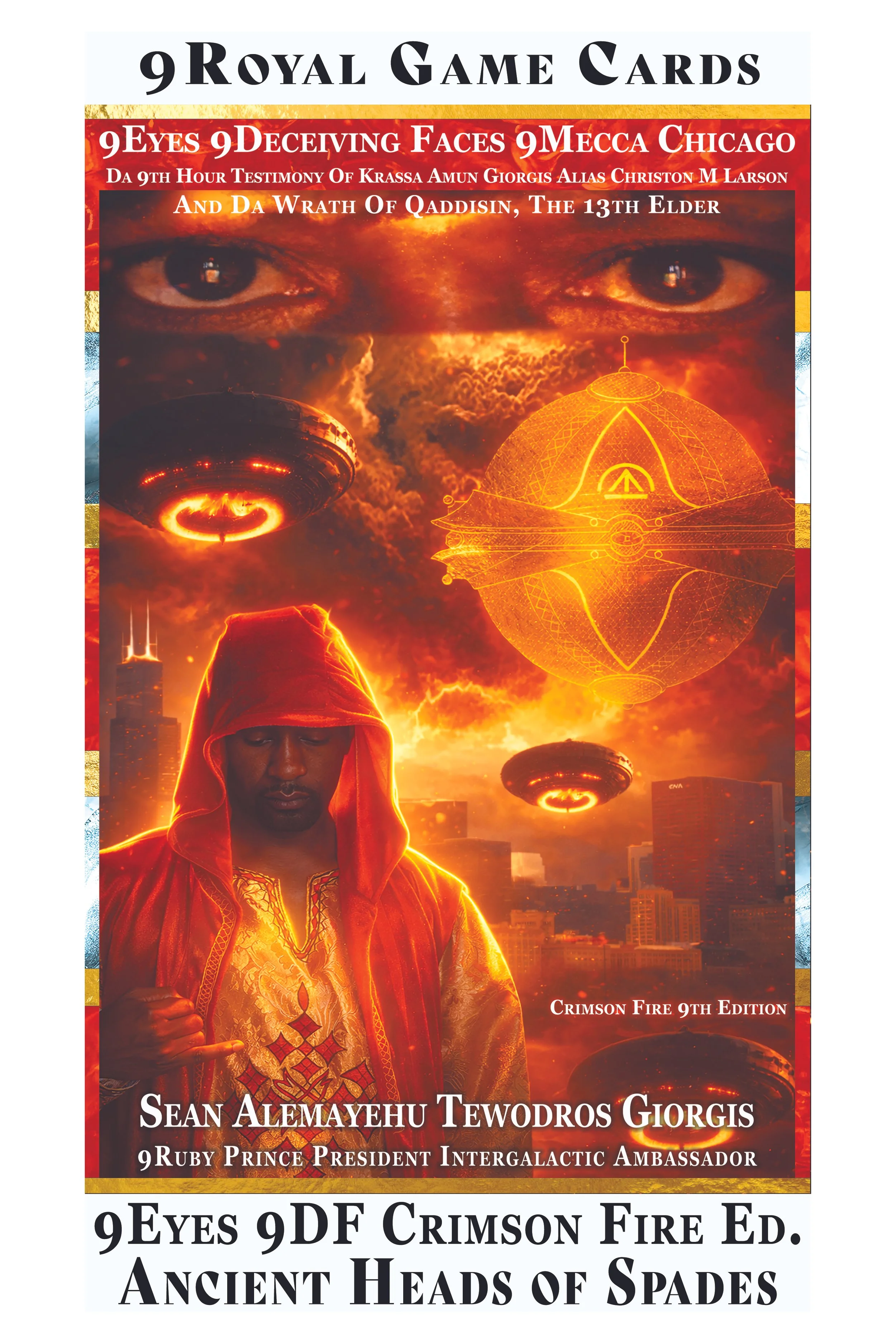 Book cover titled '9 Royal Game Cards' featuring a fiery cityscape with a person's face and glowing orange symbols, with UFOs in the background and a futuristic dome structure, authored by Sean Alemayehu Tewodros Giorgis.
