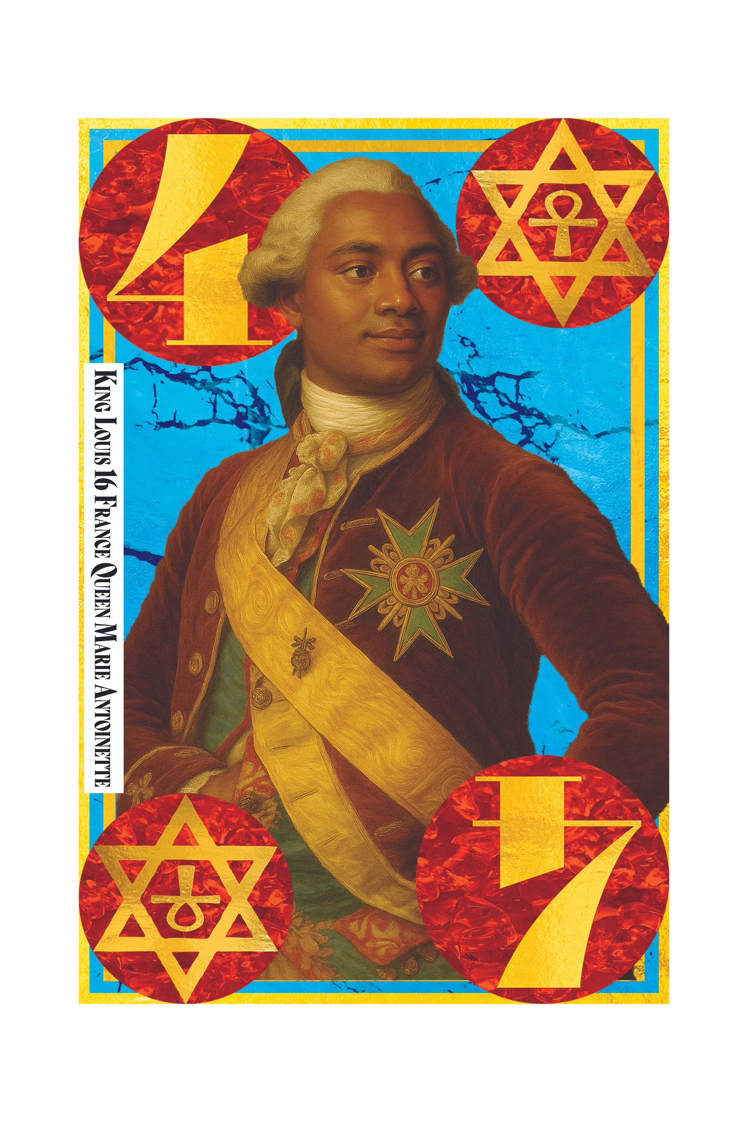 A vintage-style postage stamp featuring a portrait of King Louis XVI of France, adorned with medals and a yellow sash, with design elements including red and yellow geometric badges and a blue background.