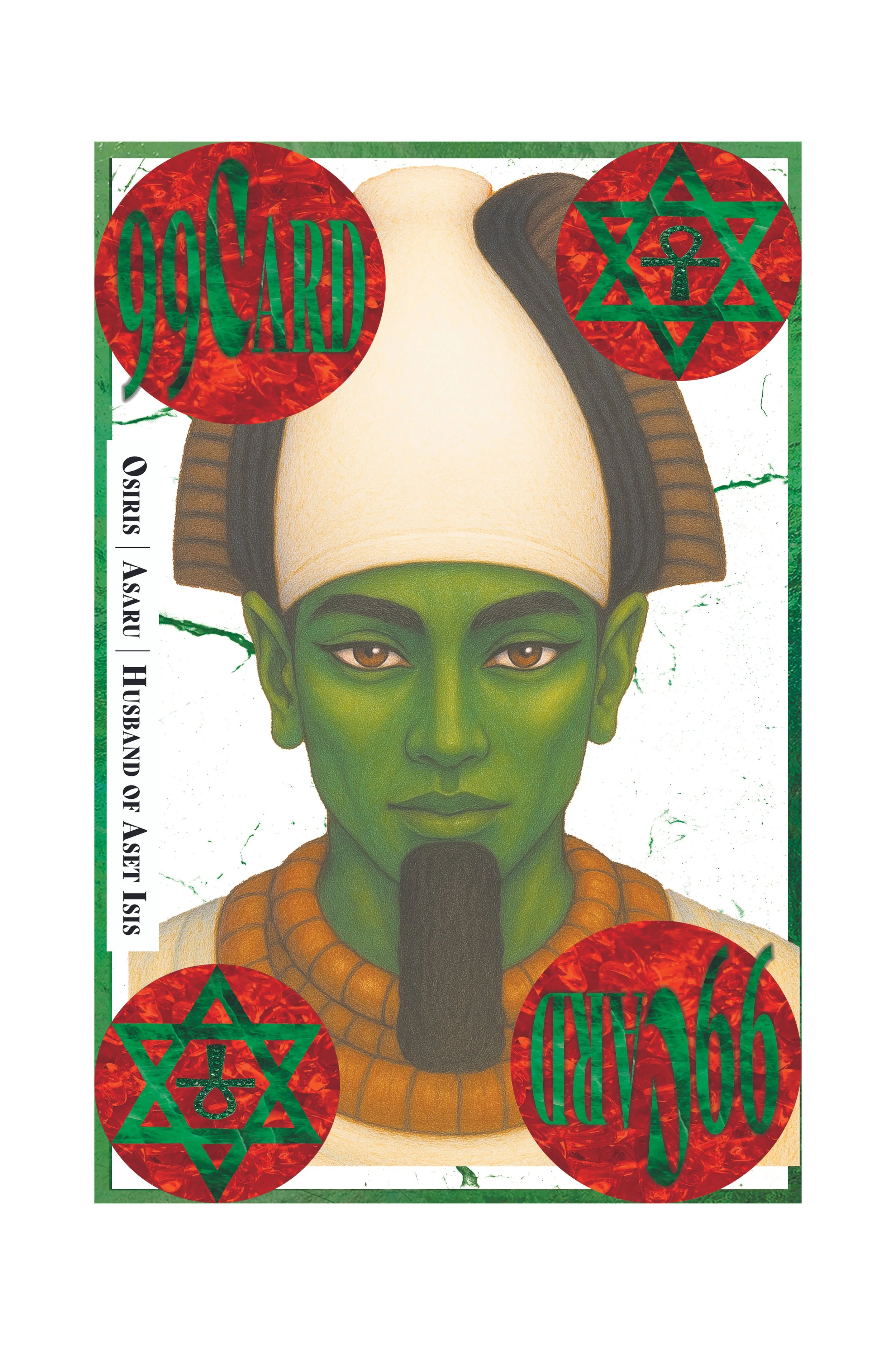 A playing card featuring a green-skinned person with pointed ears, wearing a headdress and a beaded necklace, with symmetrical red and green decorative elements and text saying '90 CARD' and 'THIS IS A SET'.