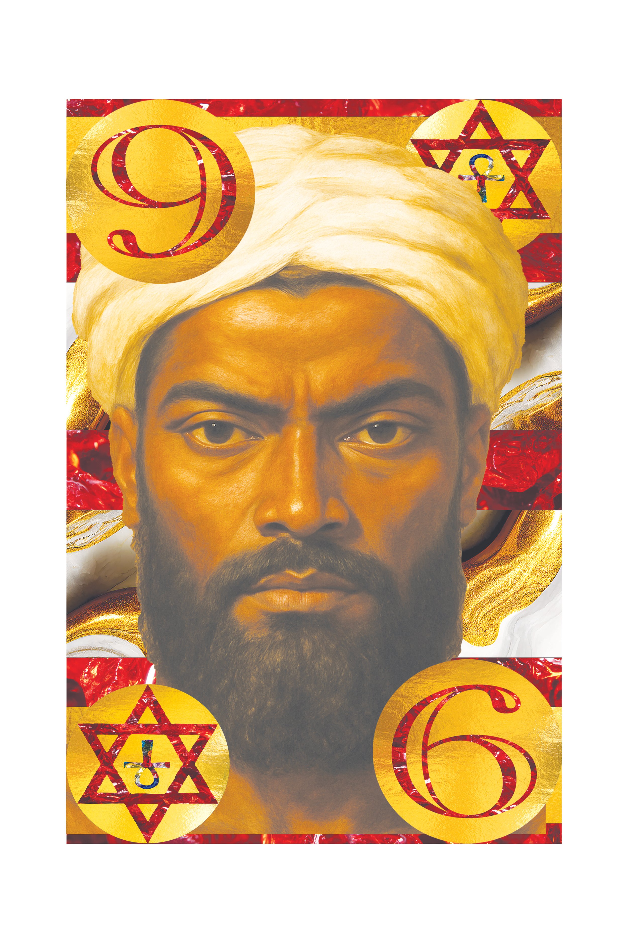 Close-up of a man's face with a serious expression, wearing a white turban, with a background of red, gold, and white patterns featuring the number 9, the number 6, and Star of David symbols.