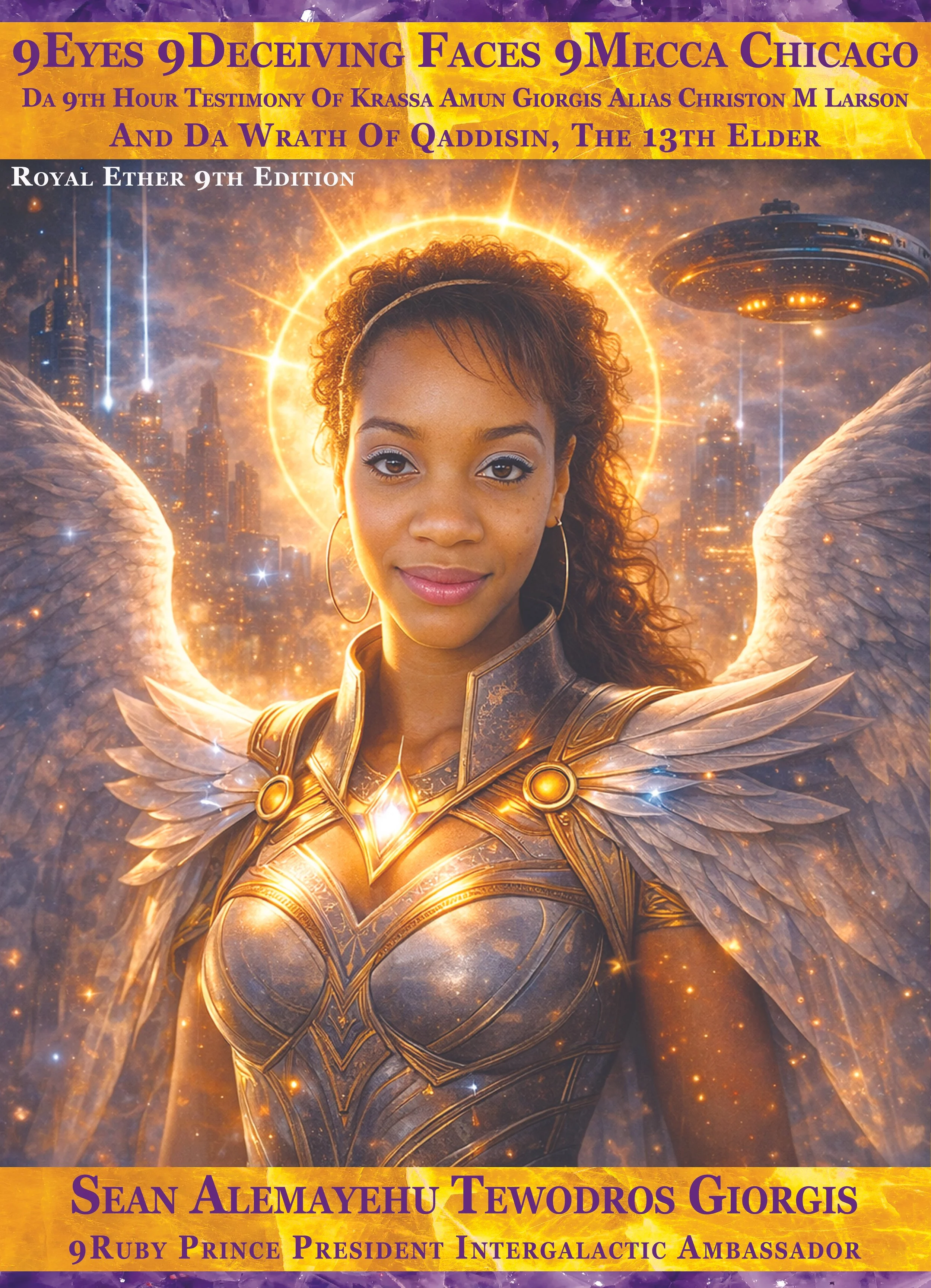 Futuristic digital artwork of a woman with short curly hair, glowing halo, angelic wings, wearing ornate armor with glowing accents, set against a science fiction cityscape with flying ships and glowing skyscrapers.