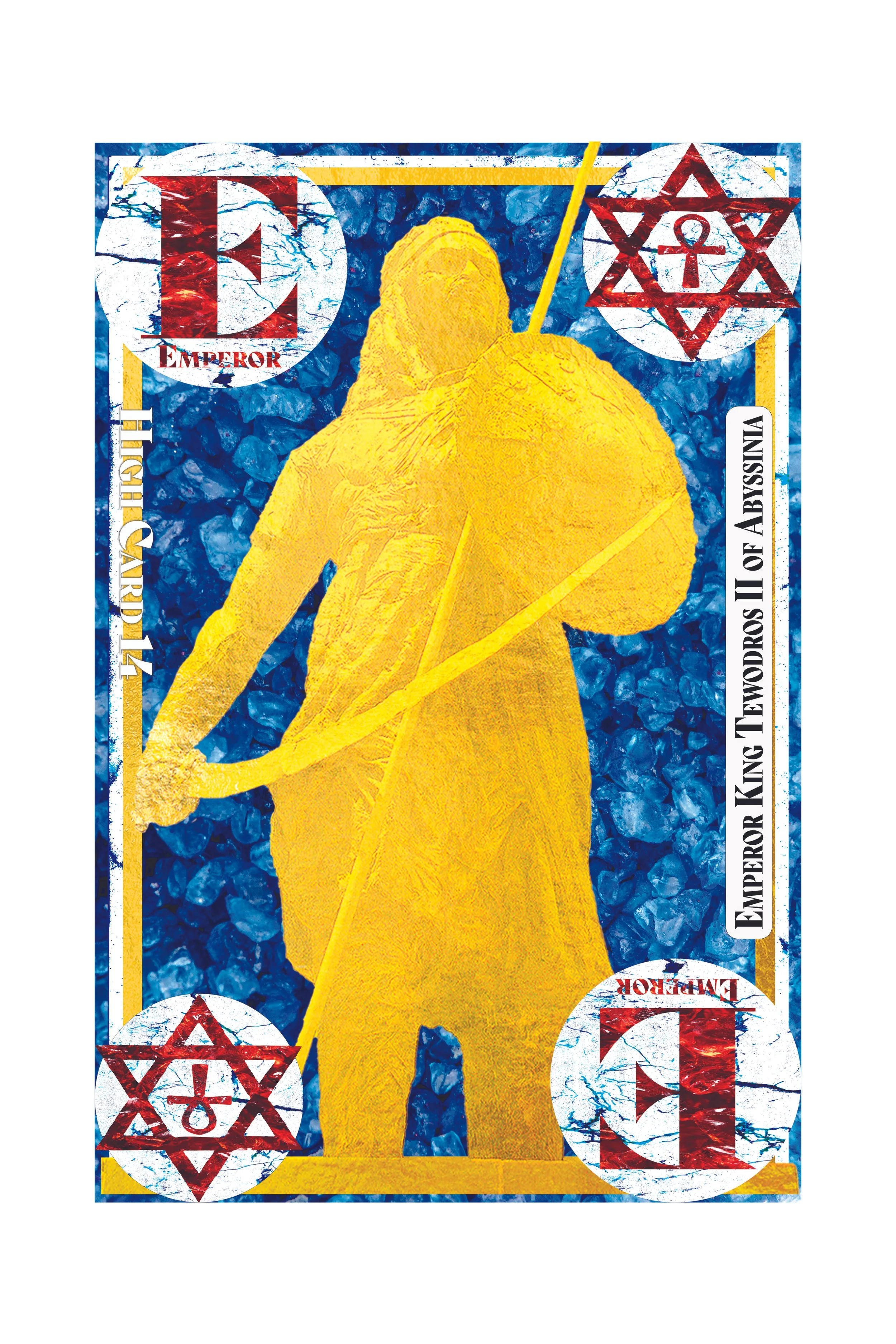 Altered playing card with a yellow illustration of a warrior holding a spear, surrounded by red and white symbols including the Star of David and the Star of Creation, on a blue textured background.