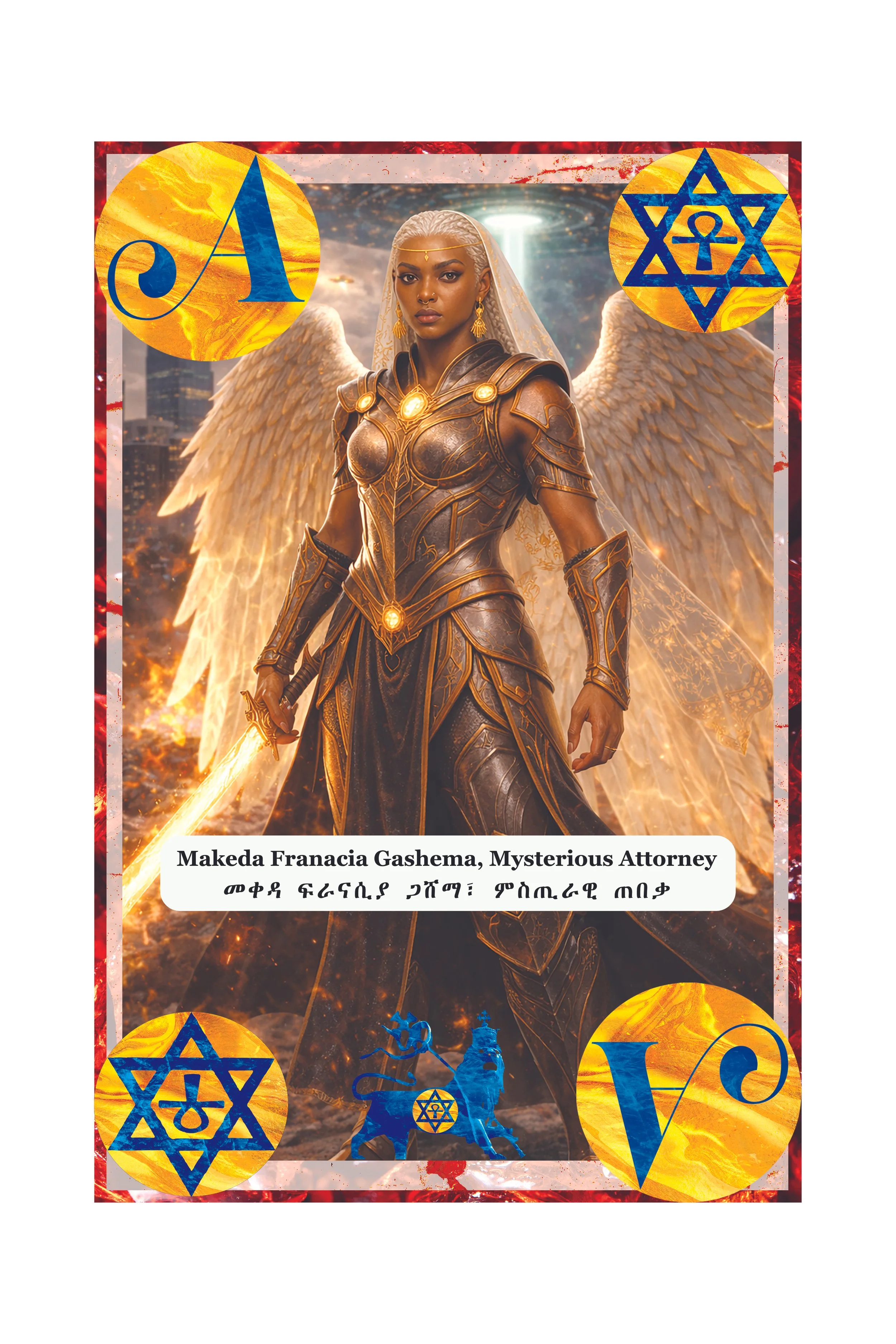 A fantasy illustration of a dark-skinned woman with white hair, eagle-like wings, dressed in armor, holding a golden sword with a fiery glow, with a cityscape and a glowing celestial light in the background, surrounded by symbols and icons representi