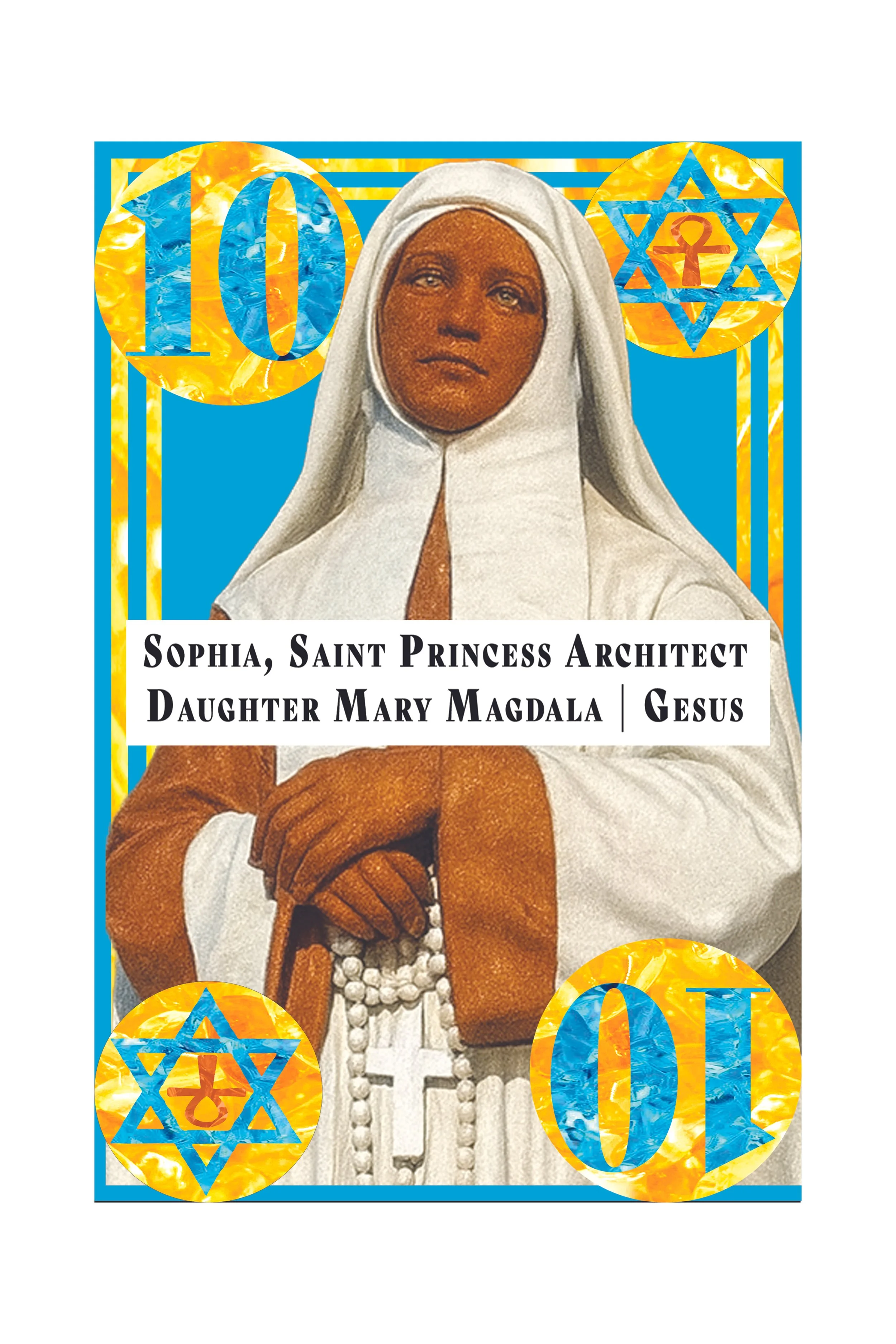 Religious artwork of Mother Mary Magdalene with a brown face, dressed in white and holding a string of white beads. The image includes blue and yellow decorative elements with the number 10 and the Star of David symbols.