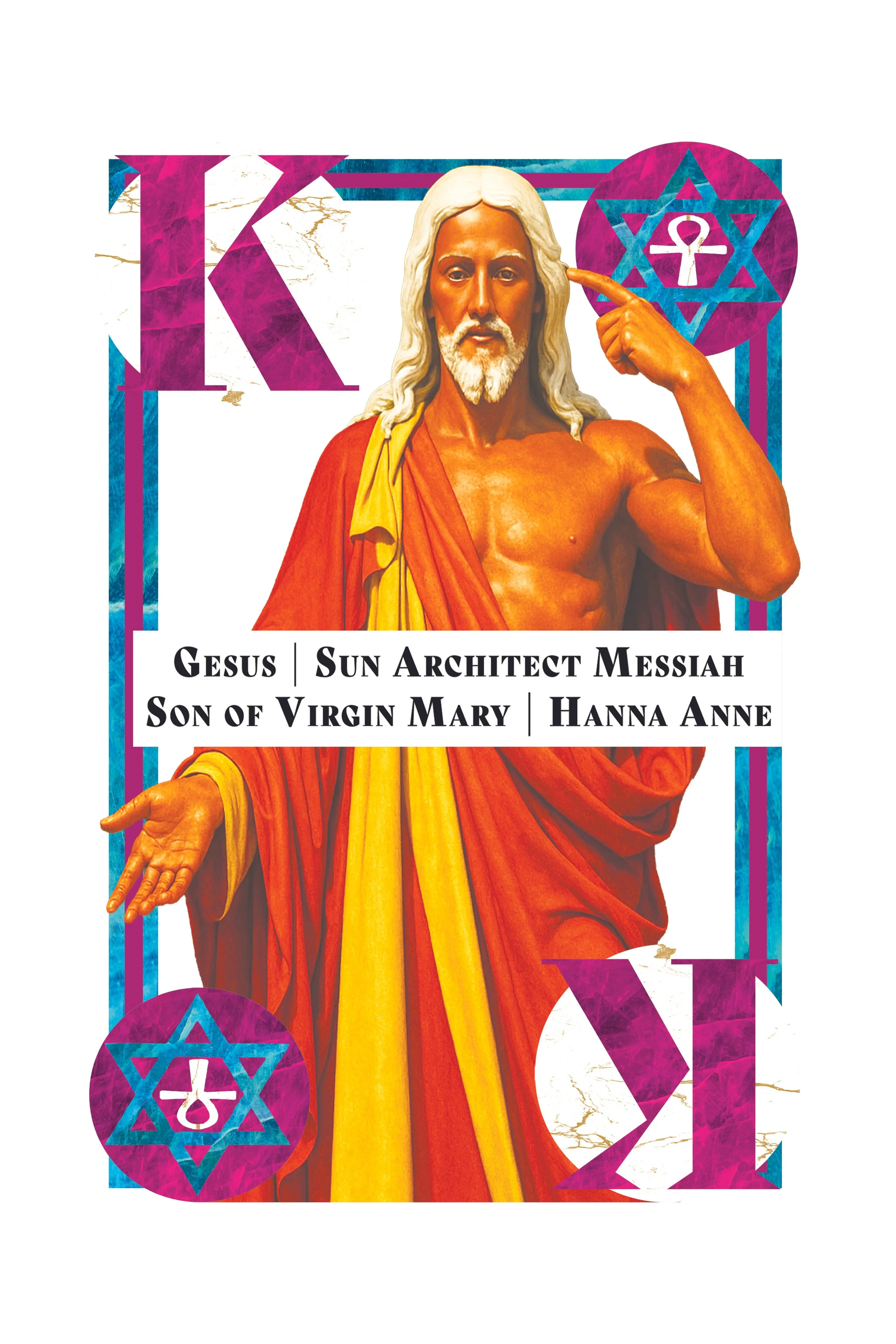 Image of Jesus with long white hair and beard, wearing a red and yellow robe, pointing to his head, with religious and artistic symbols in the background, including Star of David symbols.