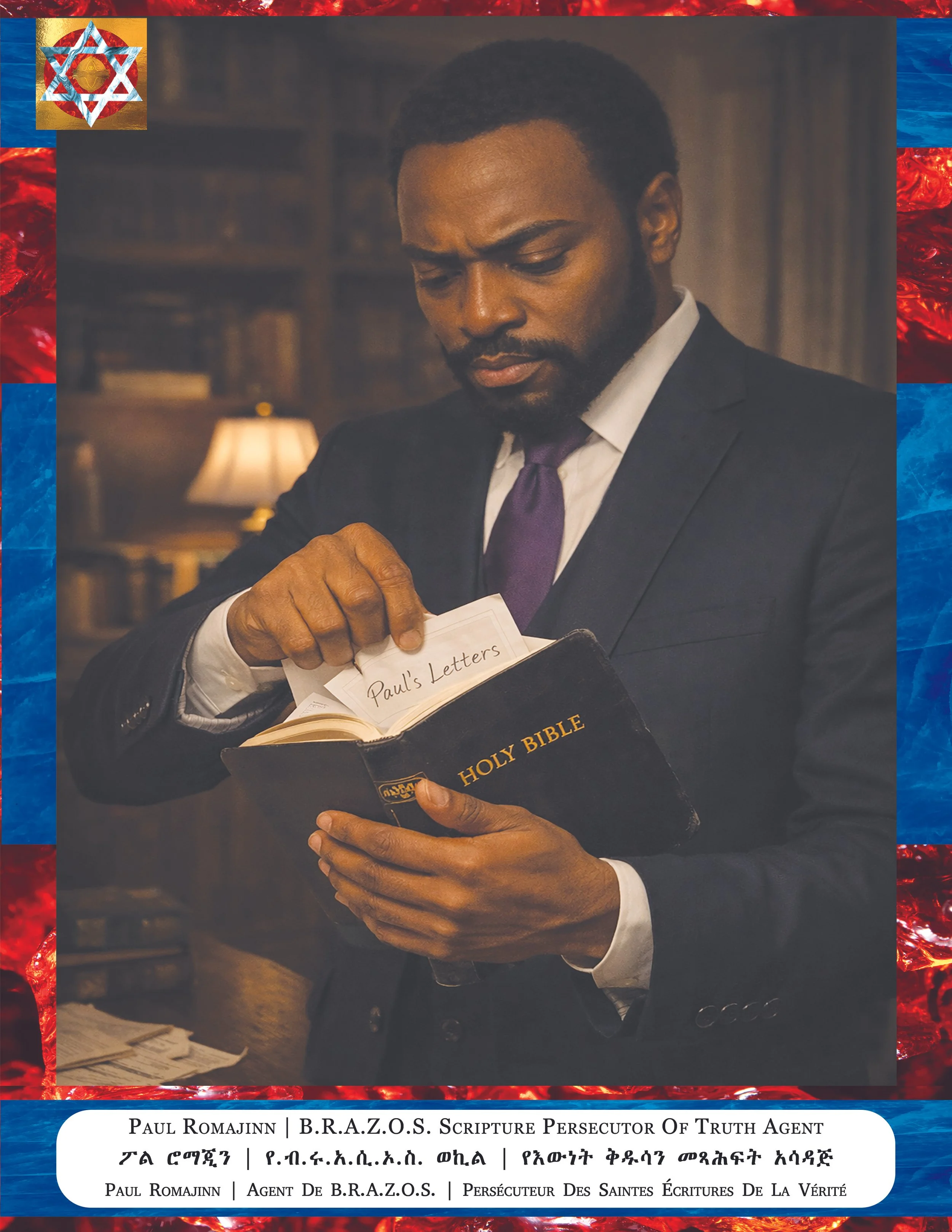 A man in a black suit and purple tie reading a book labeled 'Holy Bible' with a note inside marked 'Paul's Letters.' The image has a red, blue, and gold decorative border with a symbol in the top left corner and text in multiple languages at the bott