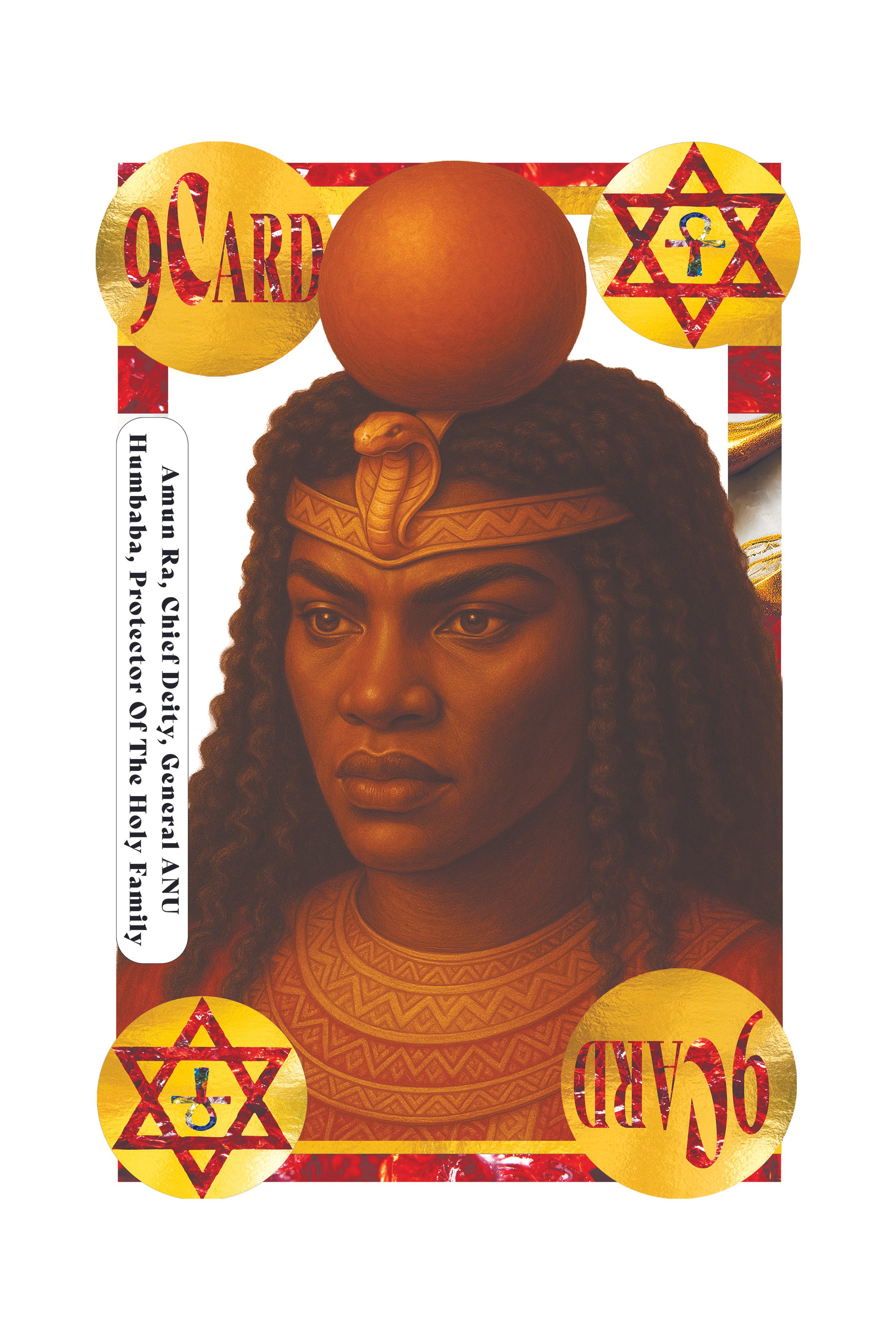 A card featuring an illustration of an African woman wearing traditional attire, with a large, round orange object on her head, and decorative symbols and text related to the Jewish holiday of Hanukkah.
