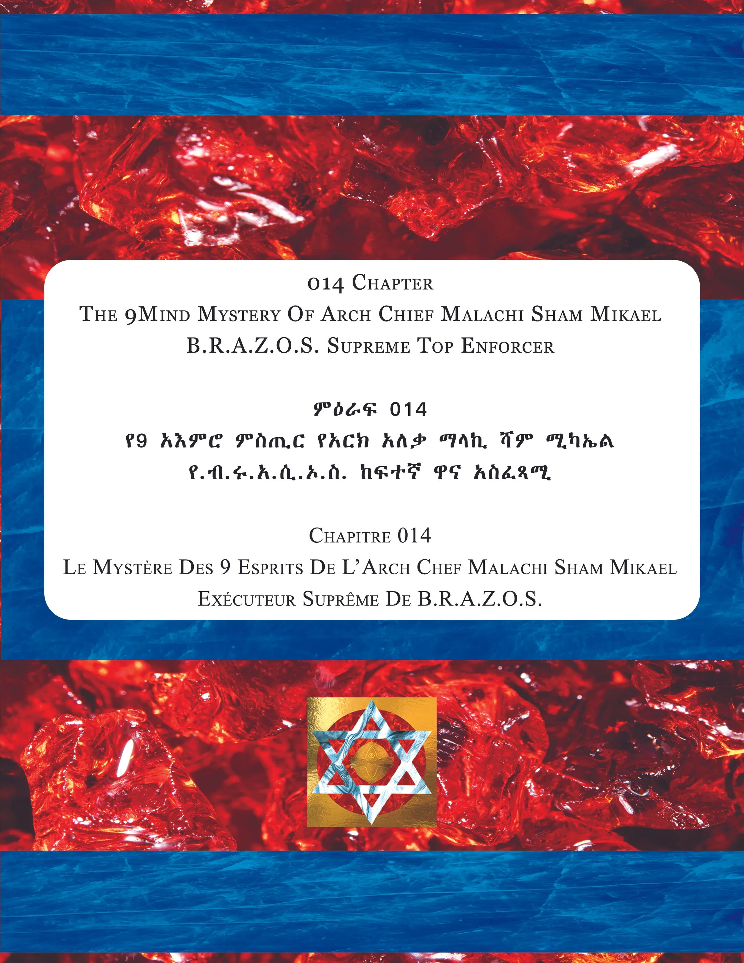 The cover of a book or document with a background of red crystals and blue textured borders, featuring a central white text box with black text in English and another language, along with an emblem of interconnected triangles and a yellow circle.