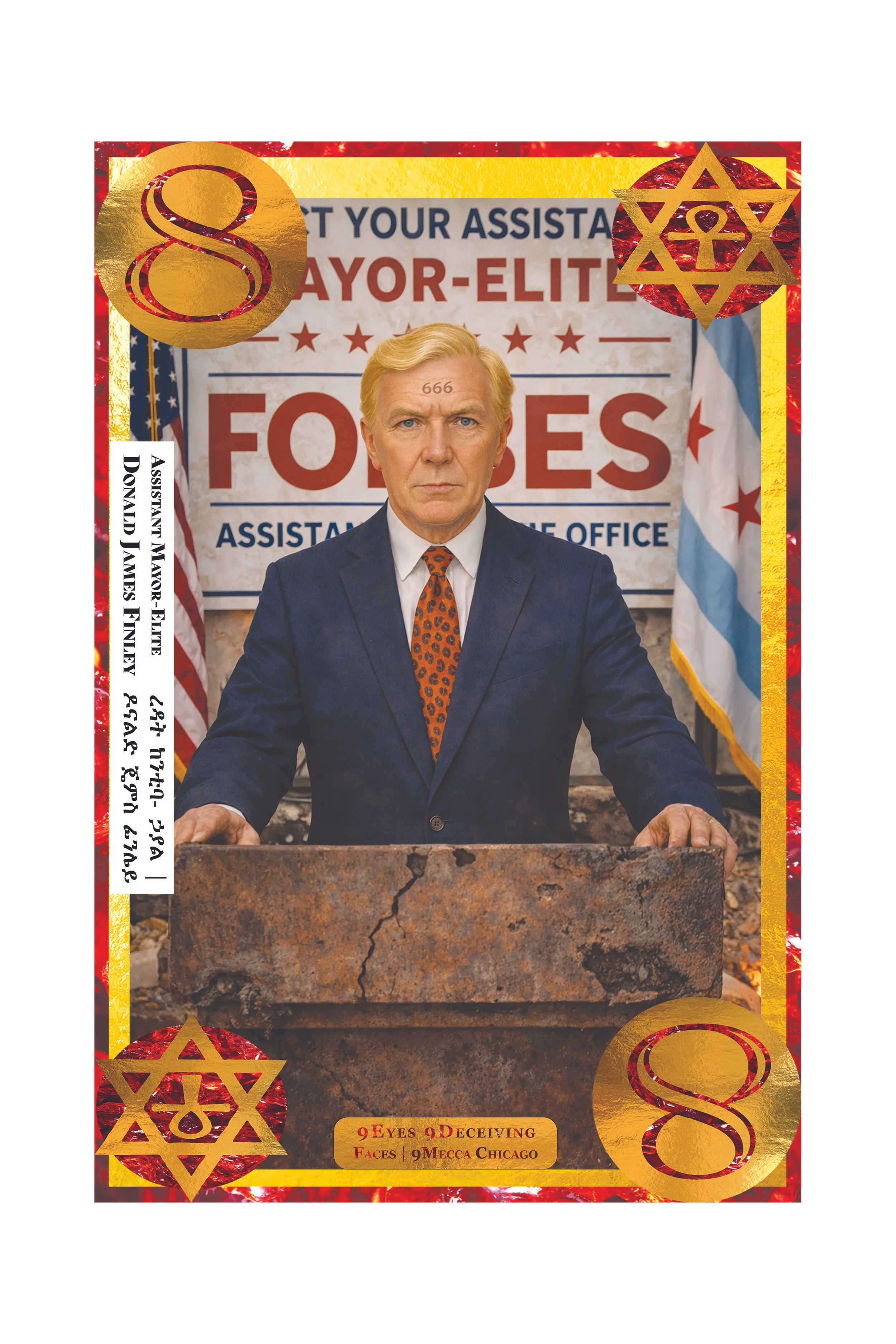 A man with blonde hair and blue eyes, wearing a dark suit and tie, standing behind a cracked stone podium, with a banner and flags in the background.