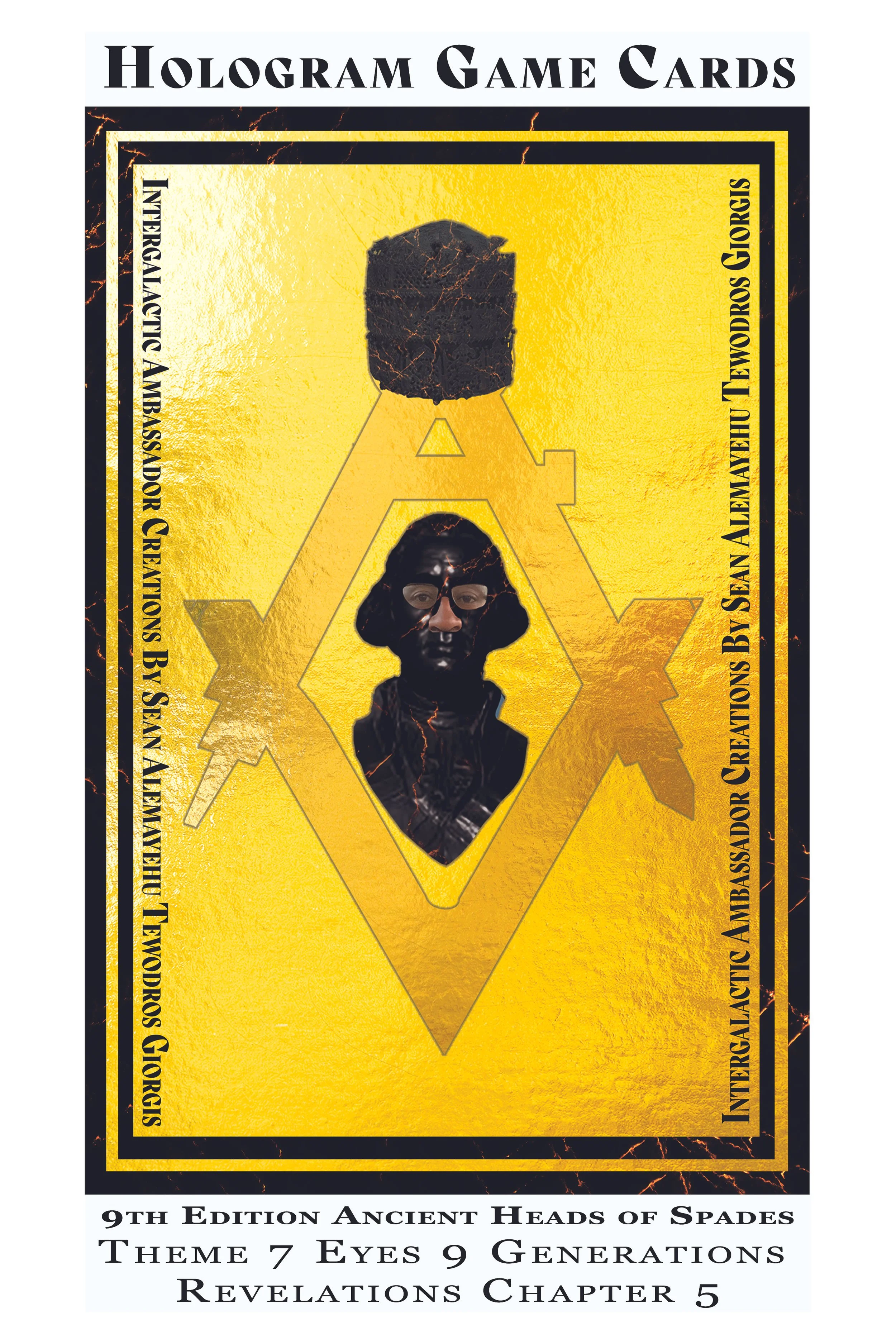 Package of hologram game cards with a yellow background, featuring a black head and a face with glasses in the center, surrounded by text indicating it's the 9th edition, themed 'Ancient Heads of Spades,' with various game details listed below.
