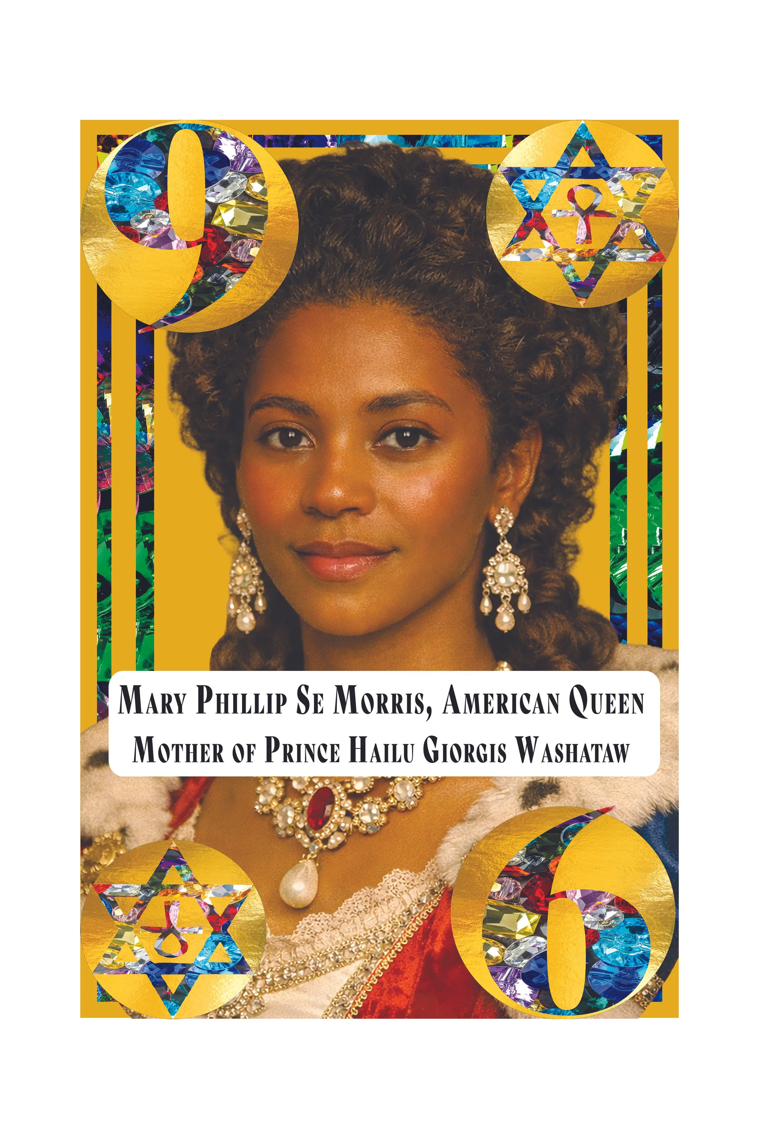 Book cover featuring a portrait of Mary Phillips Se Morris, wearing pearl earrings and jewelry, with decorations including the American flag, the Jewish star of David, and the number 60 in gold and colorful patterns.
