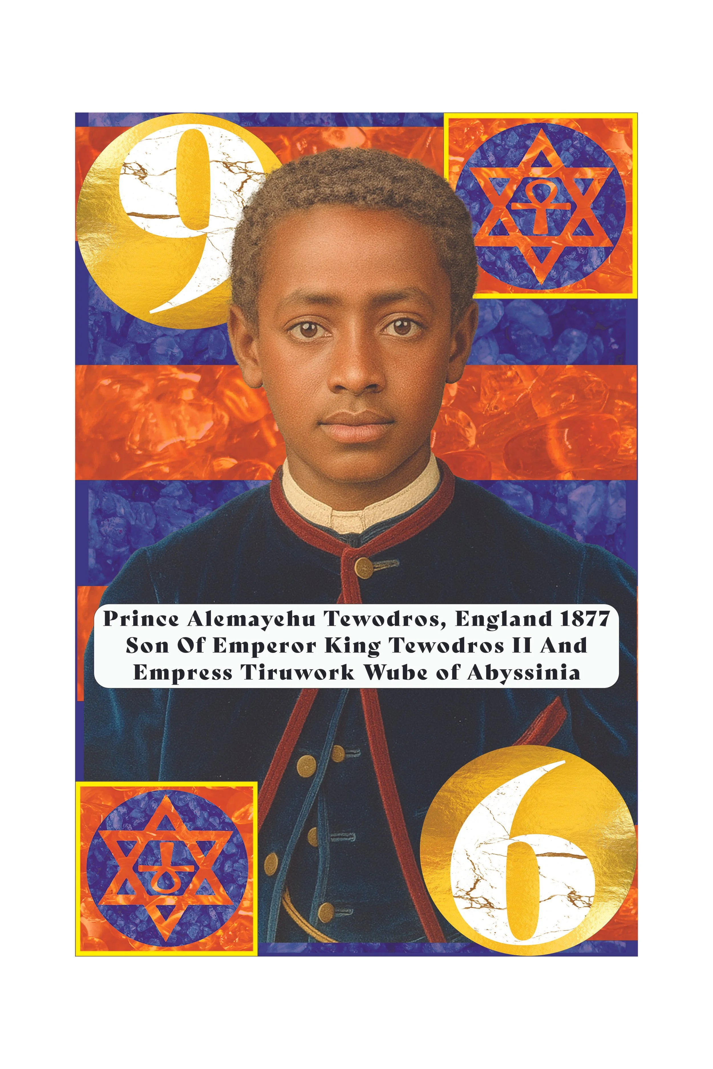 A young boy with short curly hair wearing a dark coat and standing in front of a colorful background with abstract patterns, a yellow circle with the number 1, and a blue circle with an orange Star of David and an eye symbol.