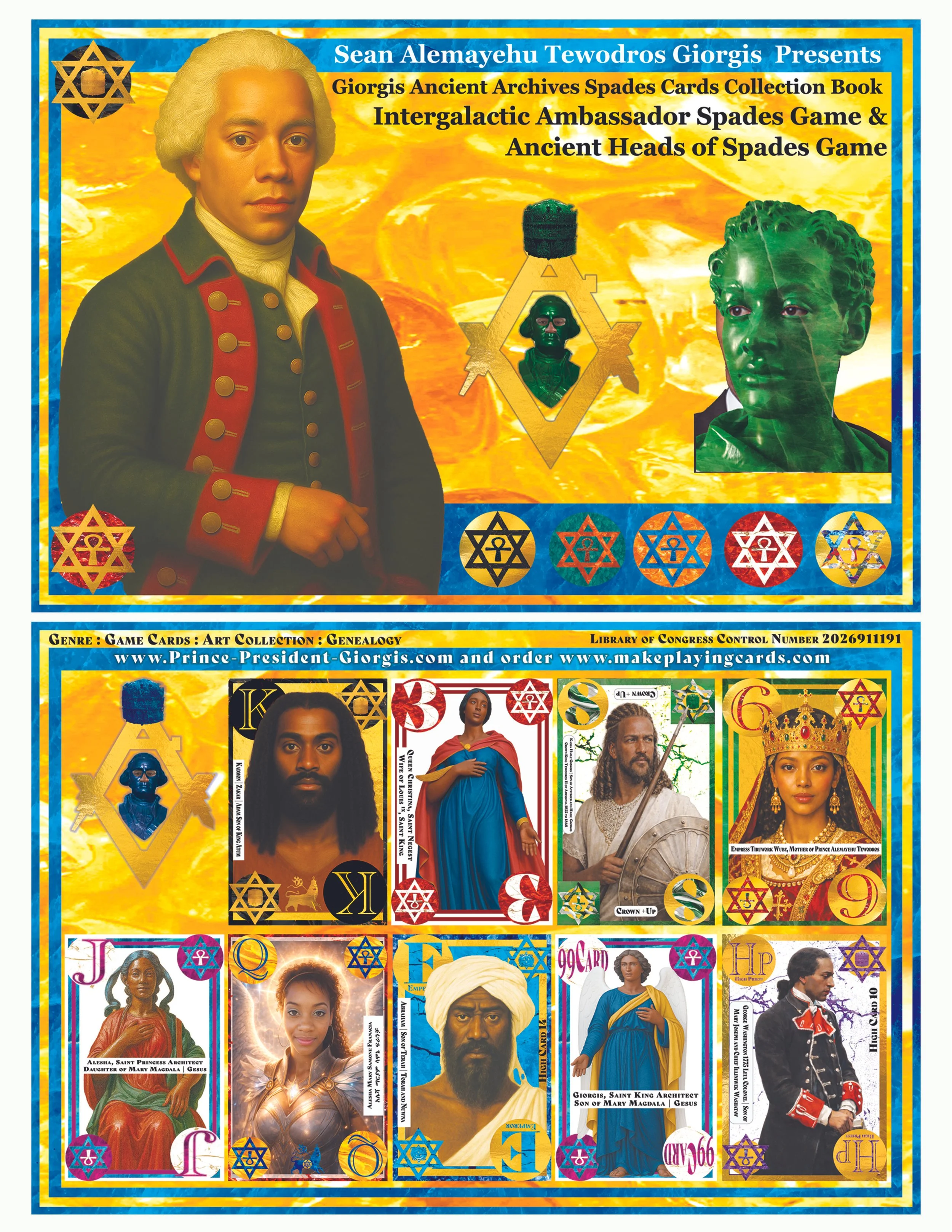 Colorful collage of fictional card characters, featuring historical and mythological figures such as Queen Elizabeth I, Mother of Prince Alemayehu Tewodros, and various characters from different eras, each with unique attire and symbolism, surrounded by decorative borders and symbols.