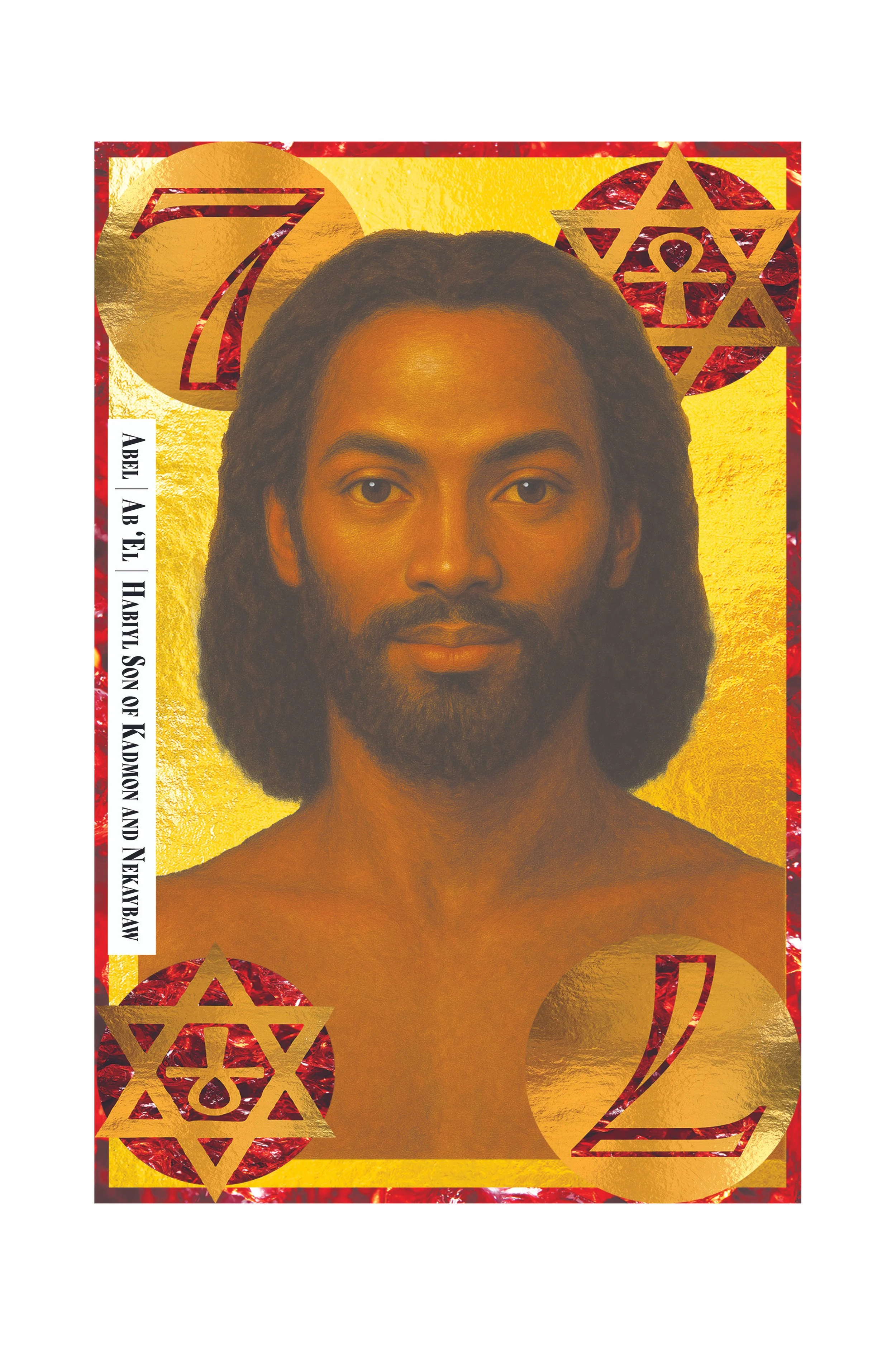 Close-up of a political or promotional poster featuring a portrait of a man with dark hair and beard, surrounded by red and gold symbols including the number 7, Star of David with an ankh symbol in the center, and number 2, with a yellow background a