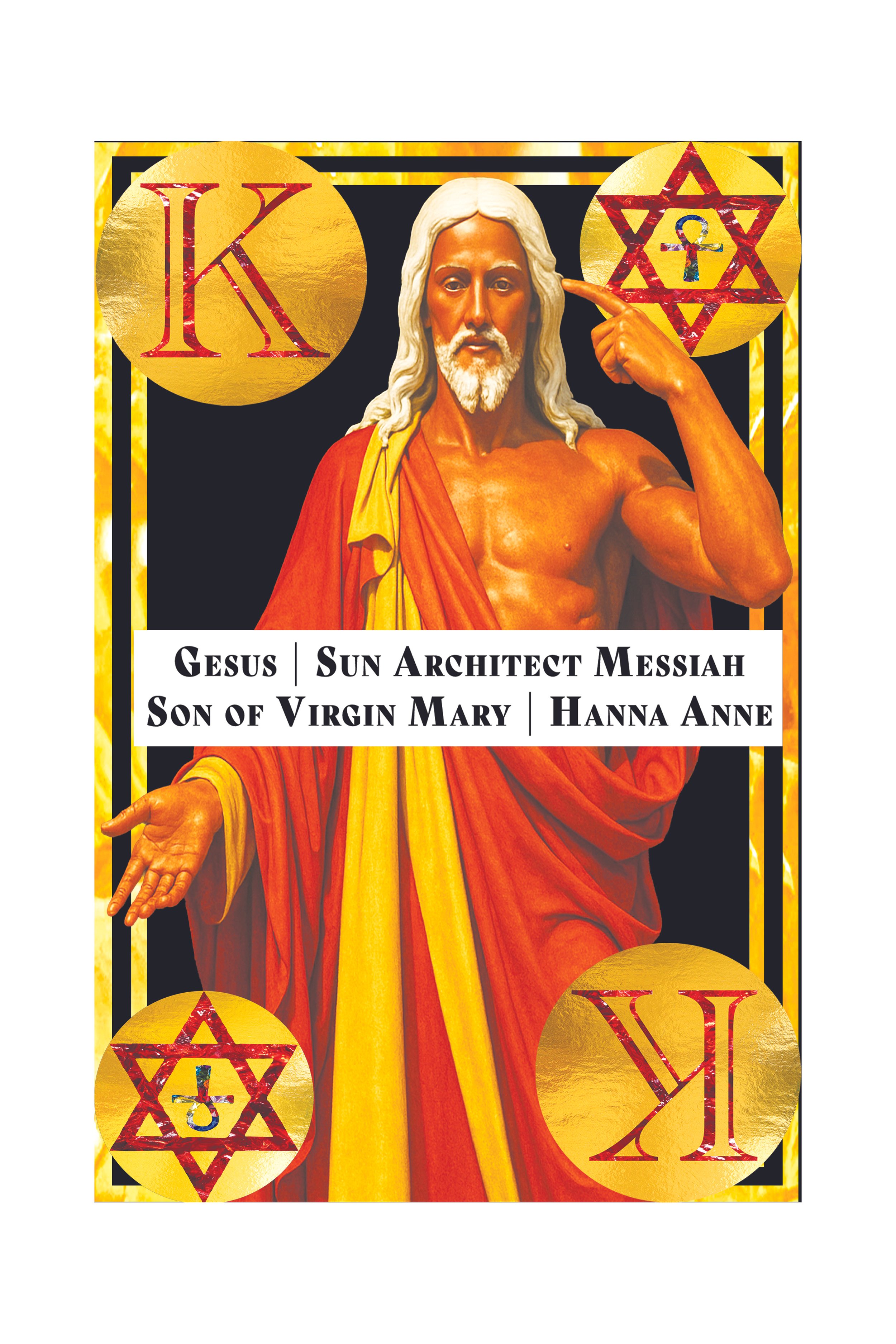 Image of Jesus Christ with long hair and beard, wearing red and yellow robes, pointing to his head, surrounded by symbols of the Sun and Star of David with Hebrew letters.