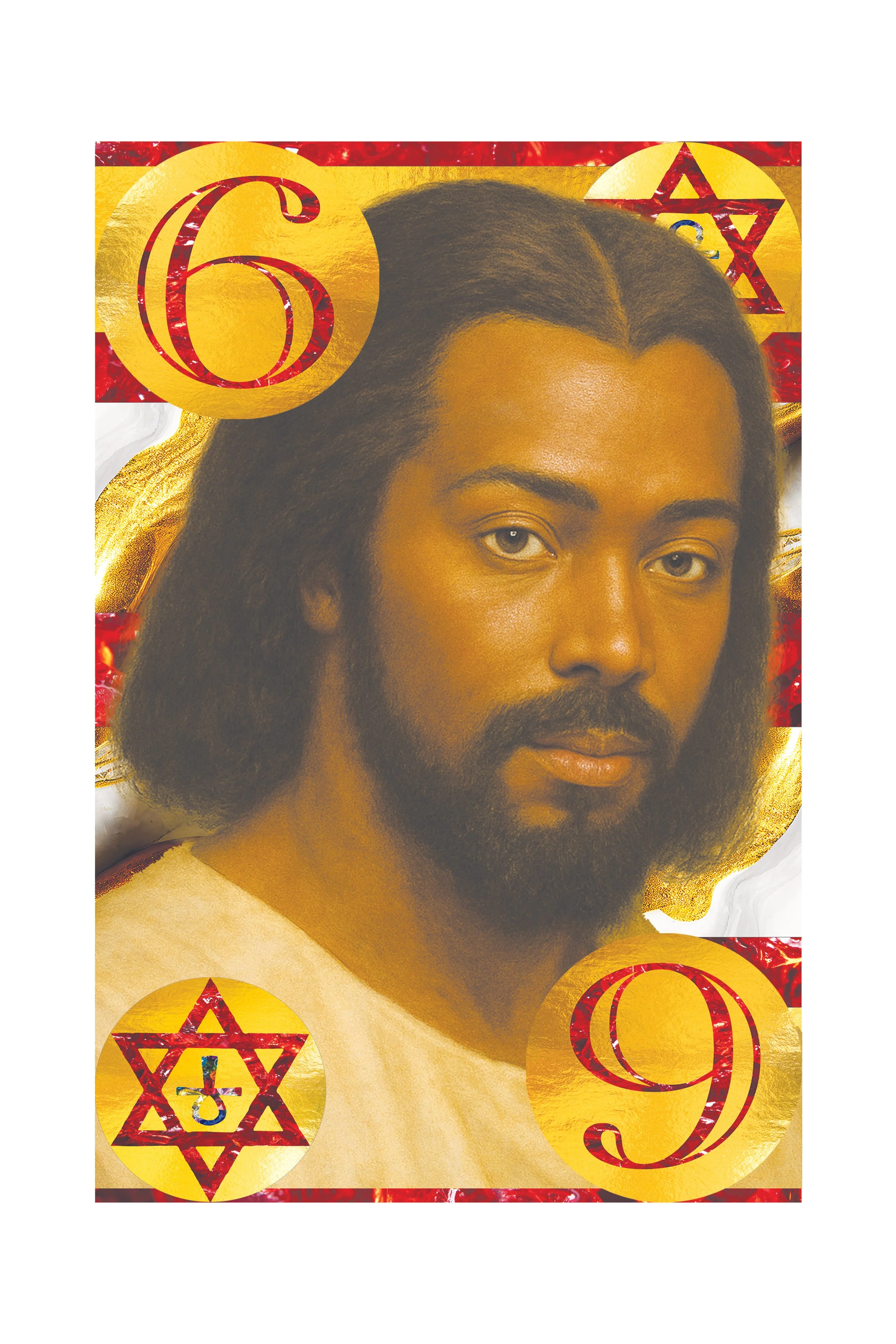 Close-up of a portrait of a man with dark hair and a beard, surrounded by gold and red decorative elements, including stars and the number 6.