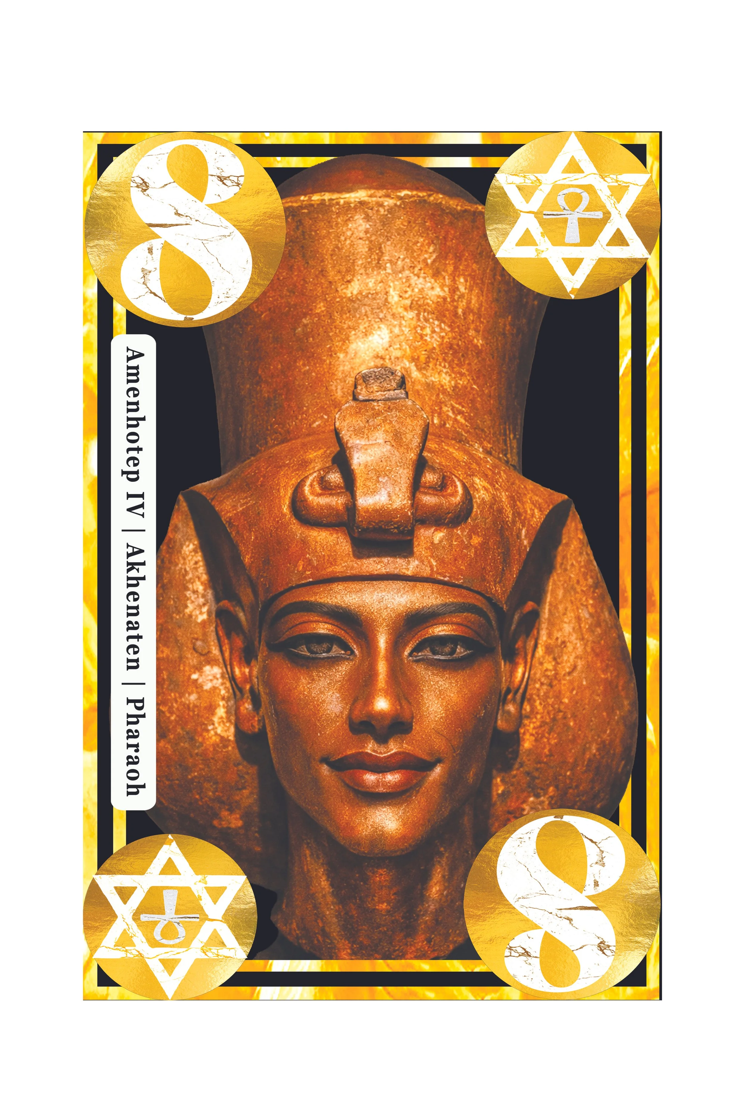 A portrait of an ancient Egyptian pharaoh wearing a headdress, with decorative symbols including the Star of David and a dollar sign overlayed in gold circles.