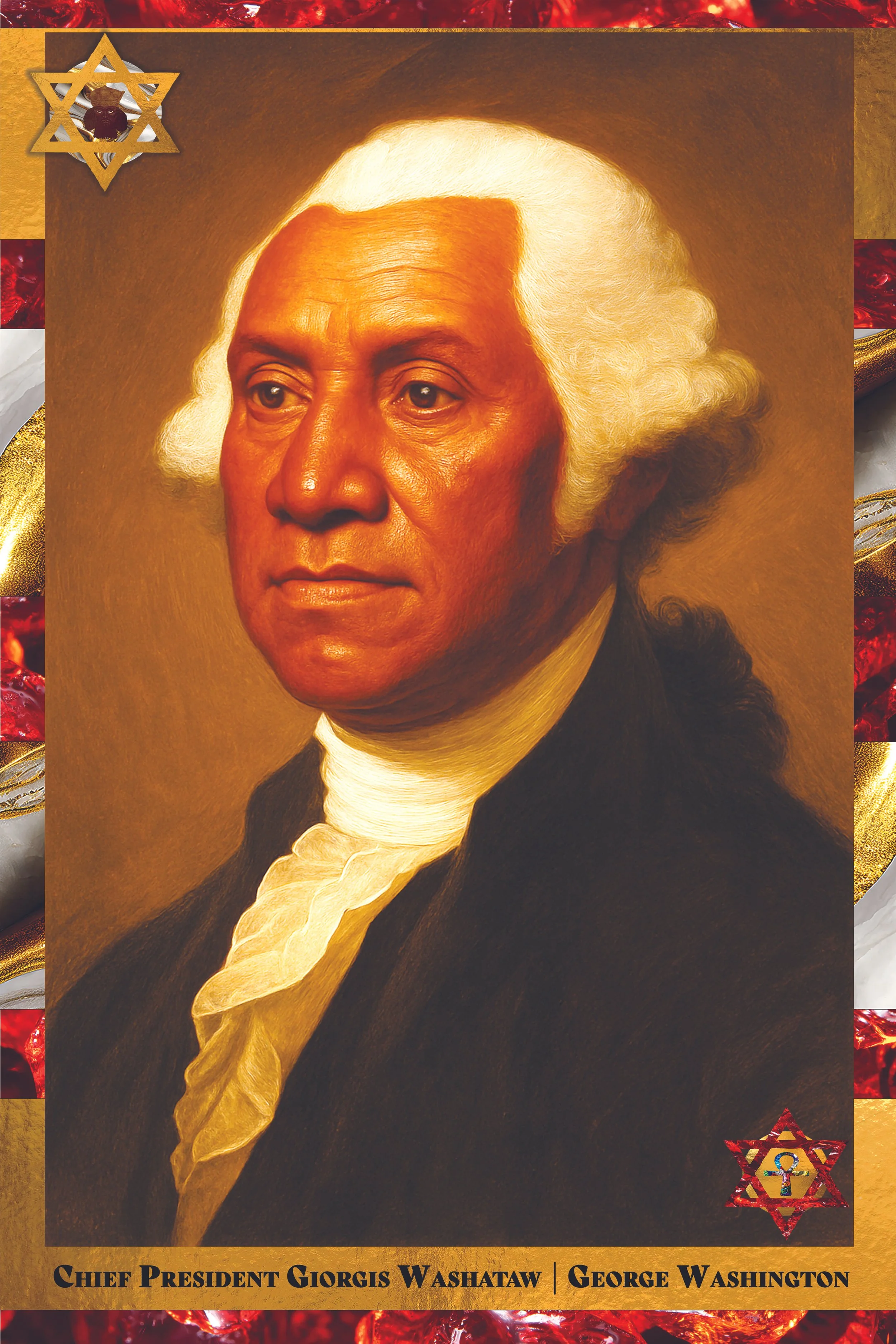 A portrait of George Washington depicted with a white wig, dark suit, and a white cravat. The background is brown with decorative elements including two stars with symbols and a star with a red and gold pattern at the bottom right corner. Text at the