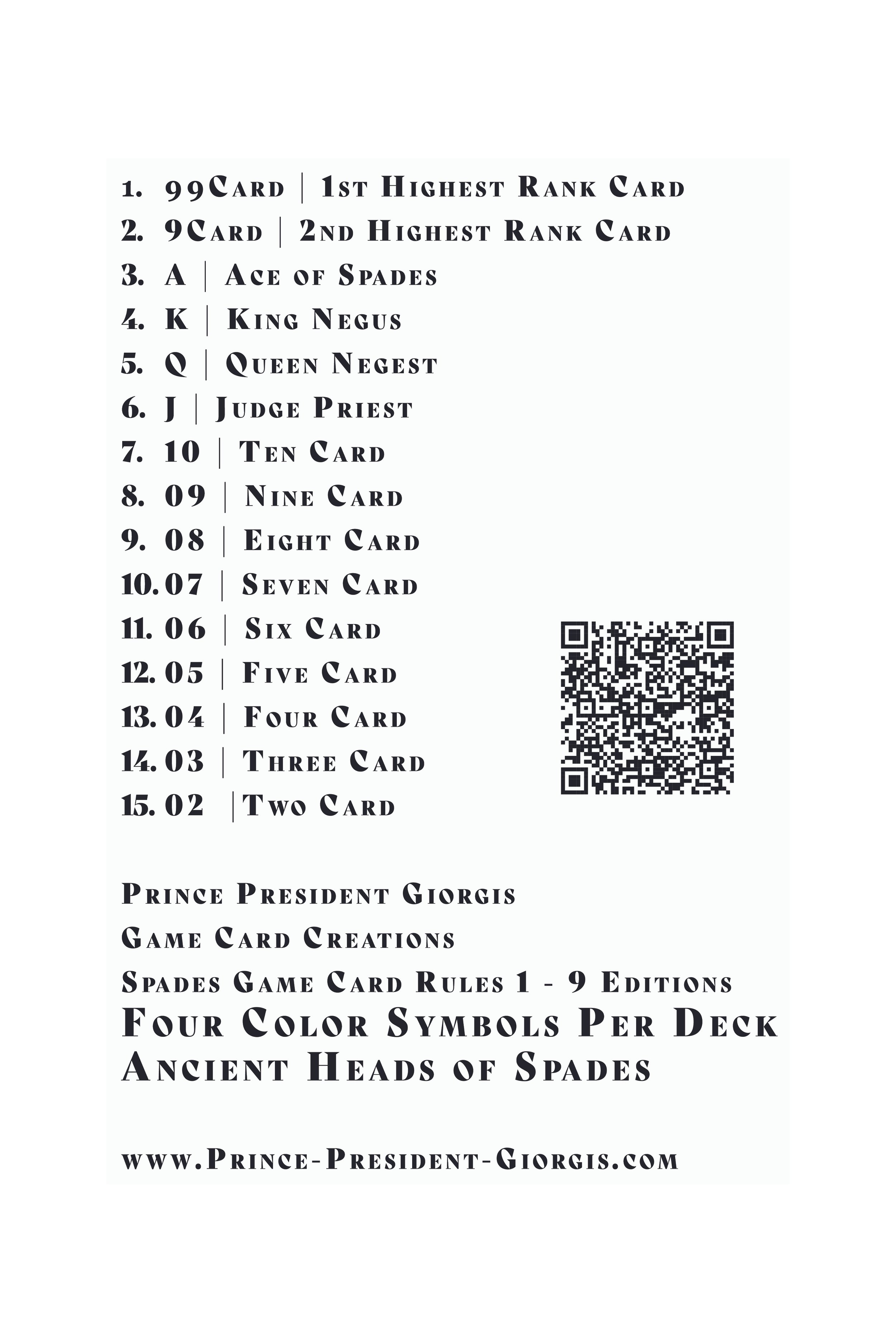 A list of playing cards with descriptions and a QR code on a white background. The list includes various cards, their ranks, and values, and is titled 'Prince President Giorgis Game Card Creations' with additional information about the game rules and