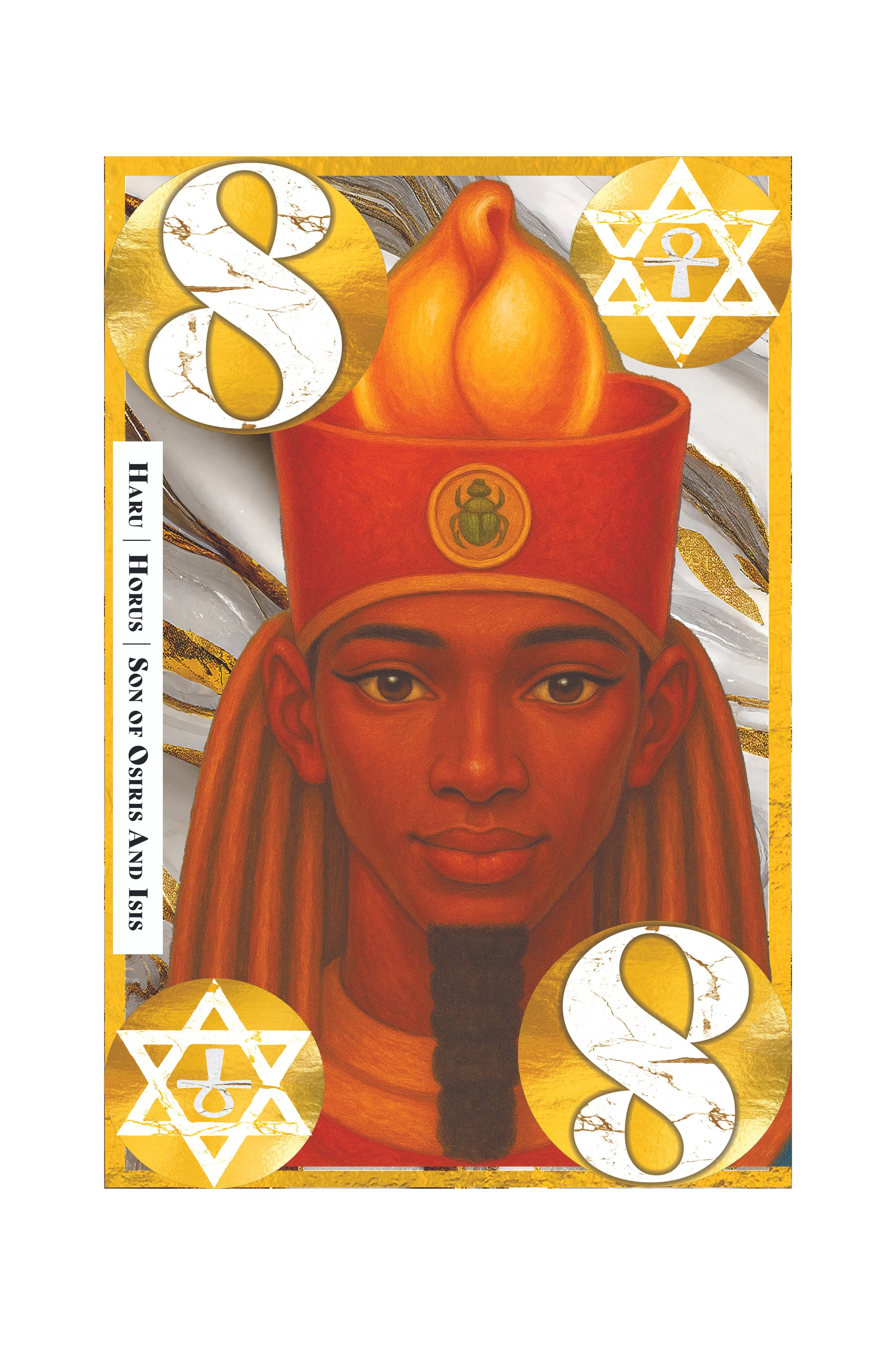 A stylized illustration of a woman with a headdress, surrounded by 8 and 0 symbols in gold and white, with star of David symbols and text on the border.