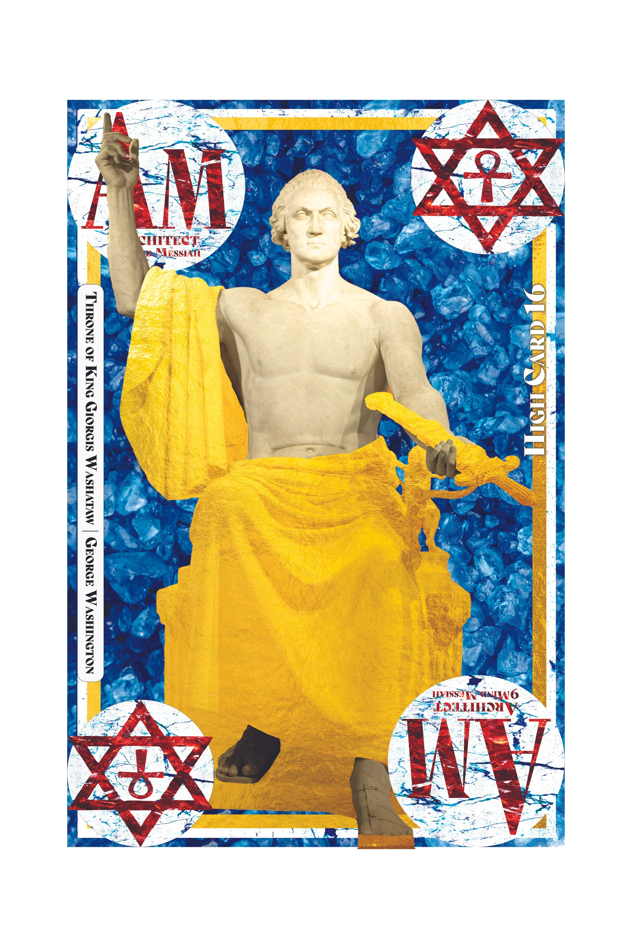 A collage featuring a marble bust of a man with a yellow cloth draped over his left shoulder and a yellow garment wrapped around his waist. The background is composed of blue textured rocks with political and religious symbols, including the letters 