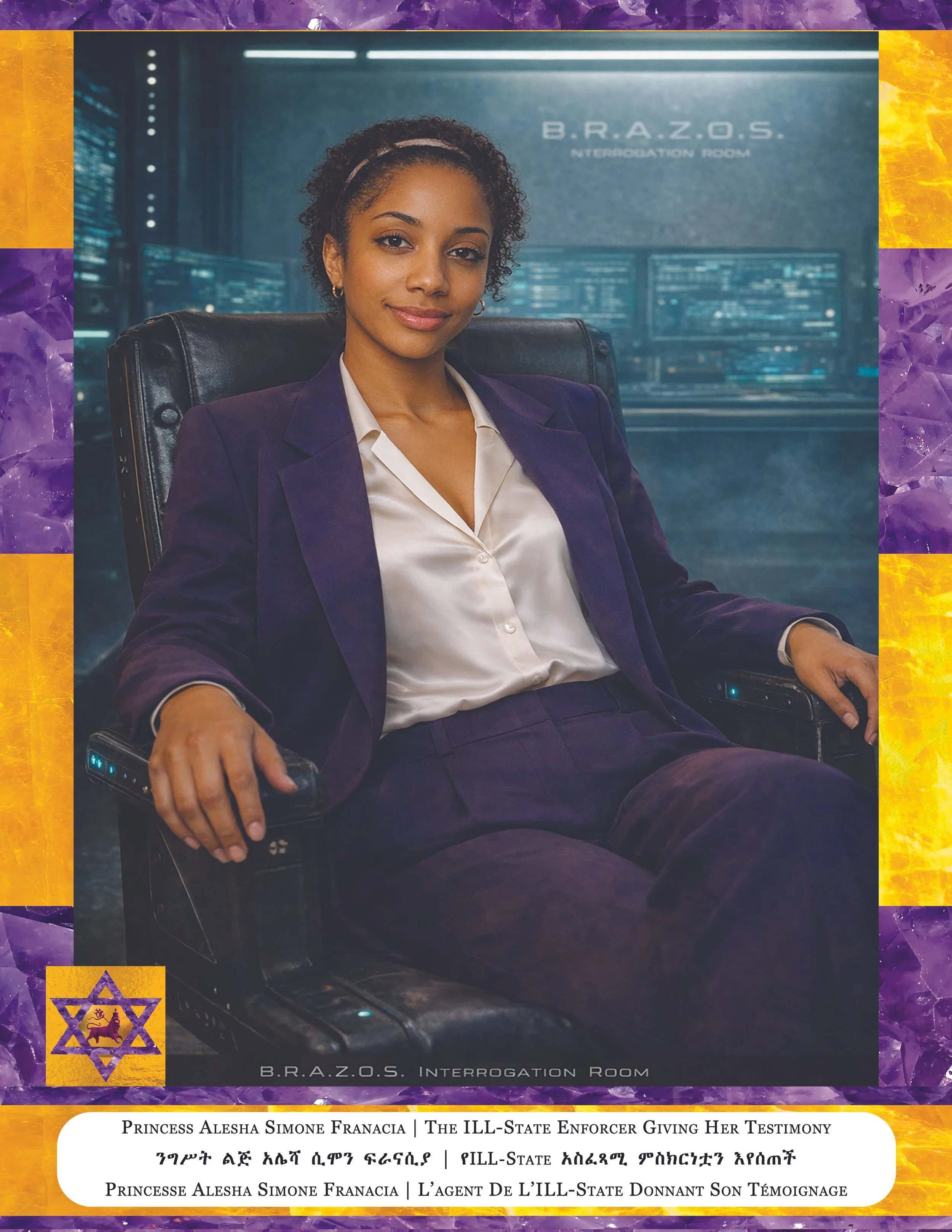 A woman sitting in a chair in a high-tech interrogation room with multiple screens displaying data behind her. The room is labeled "B.R.A.Z.O.S. INTERROGATION ROOM" at the top right. The woman is dressed in a professional purple blazer and white blou