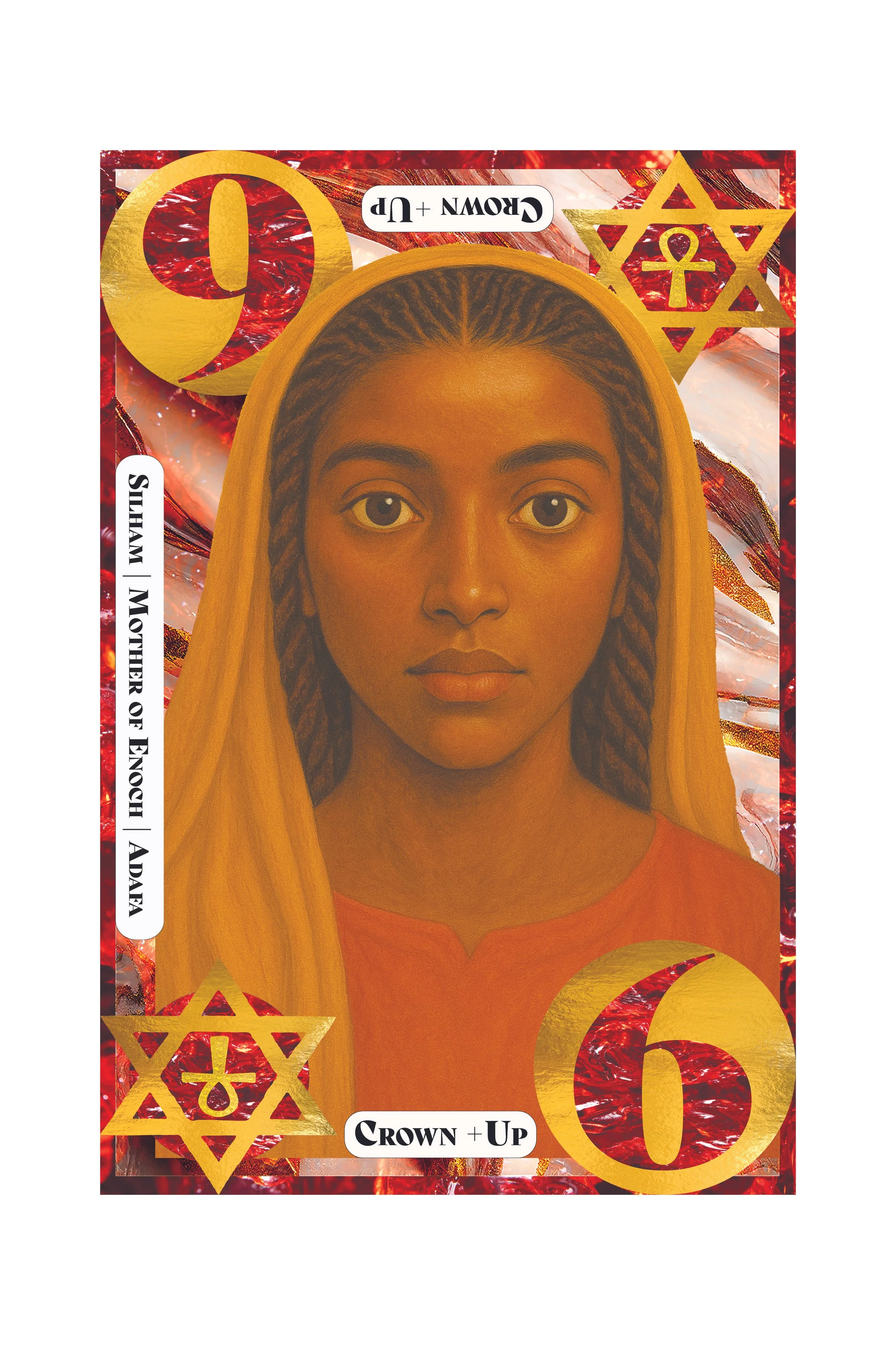 A card featuring a portrait of a woman with braided hair, wearing an orange top, set against a vibrant red and gold background with geometric and Symbolist motifs, including stars, circles, and a cross.