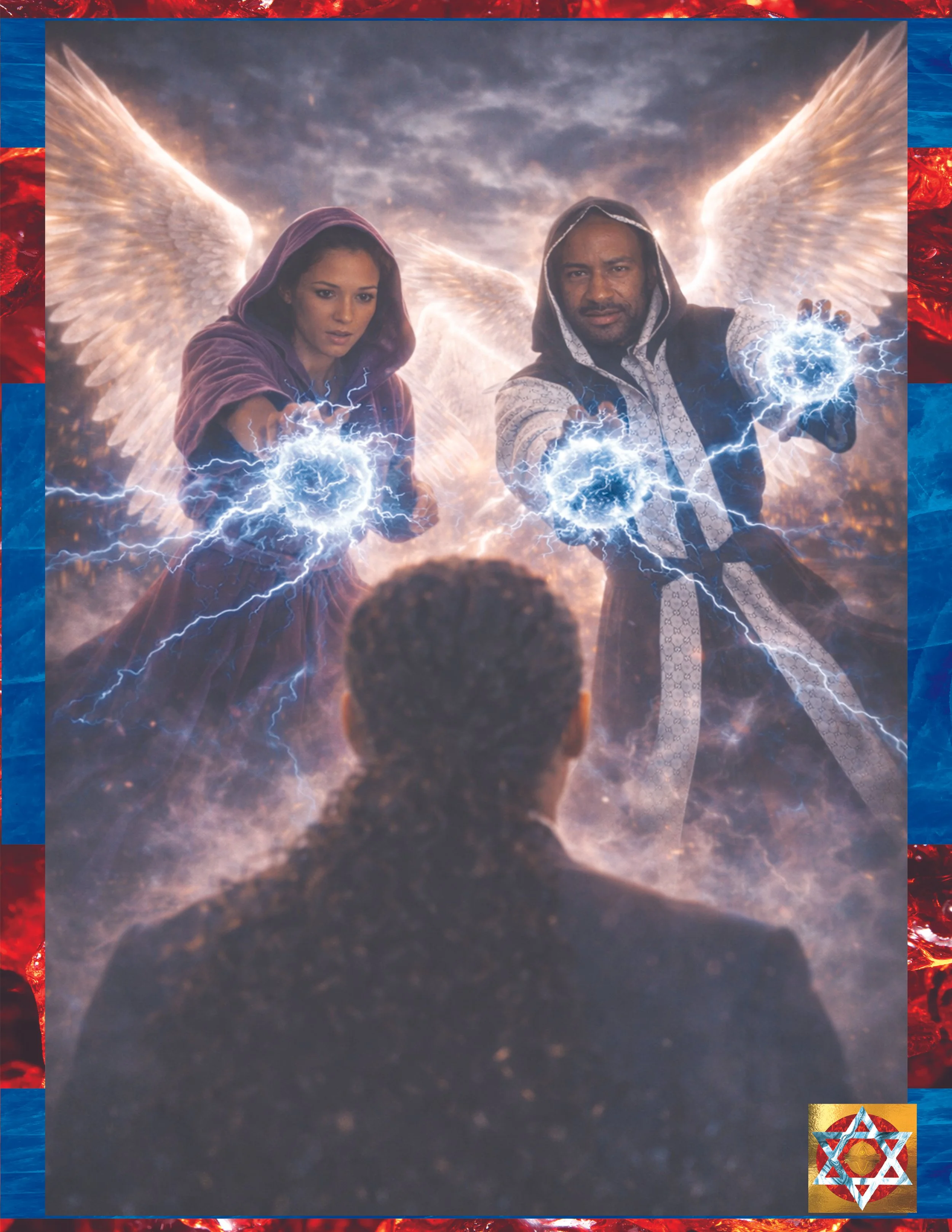 People with angel wings emitting lightning from their hands, wearing hooded cloaks, against a stormy sky.