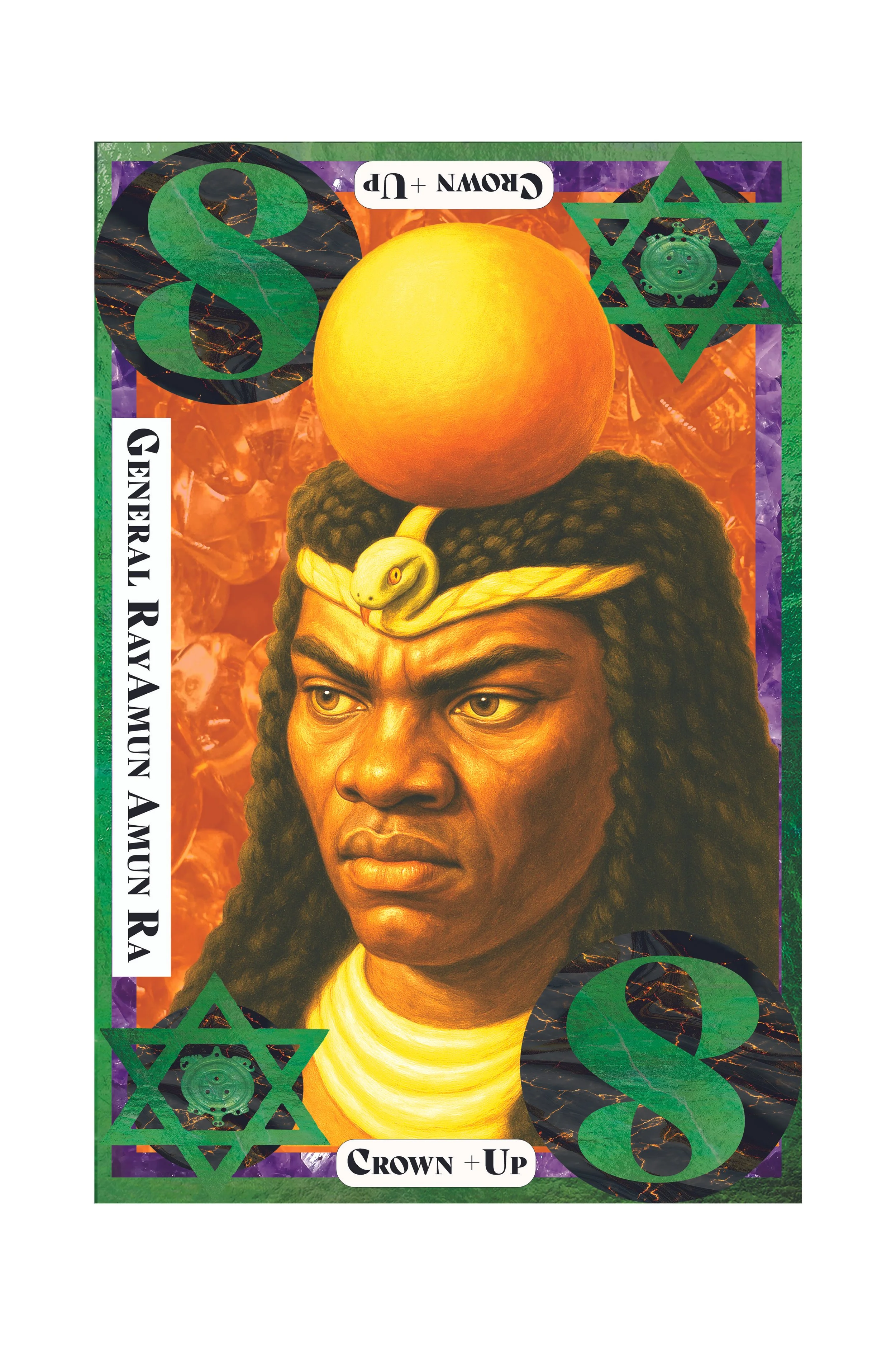 A stylized, artistic rendering of a person with long dreadlocks, an orange on their head, and a small snake on their forehead, with decorative patterns and symbols, resembling a colorful playing card design.