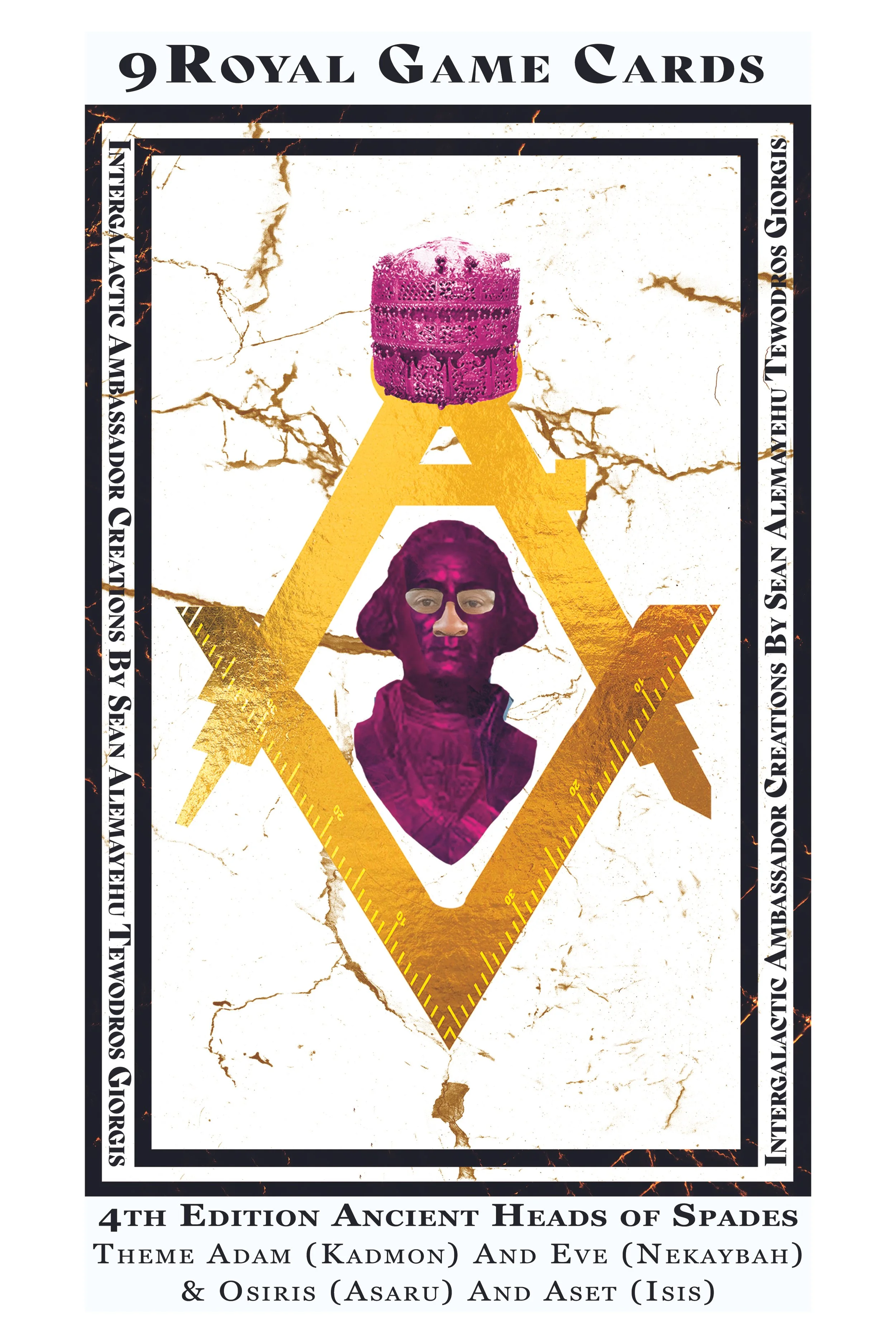 Cover of a card game set titled '9 Royal Game Cards,' featuring a large gold 'A' with a pink crown on top and a purple bust of a person with glasses in front. The set includes ancient heads of spades themed after figures from mythologies, with themed figures named Adam, Eve, Osiris, and Aset.