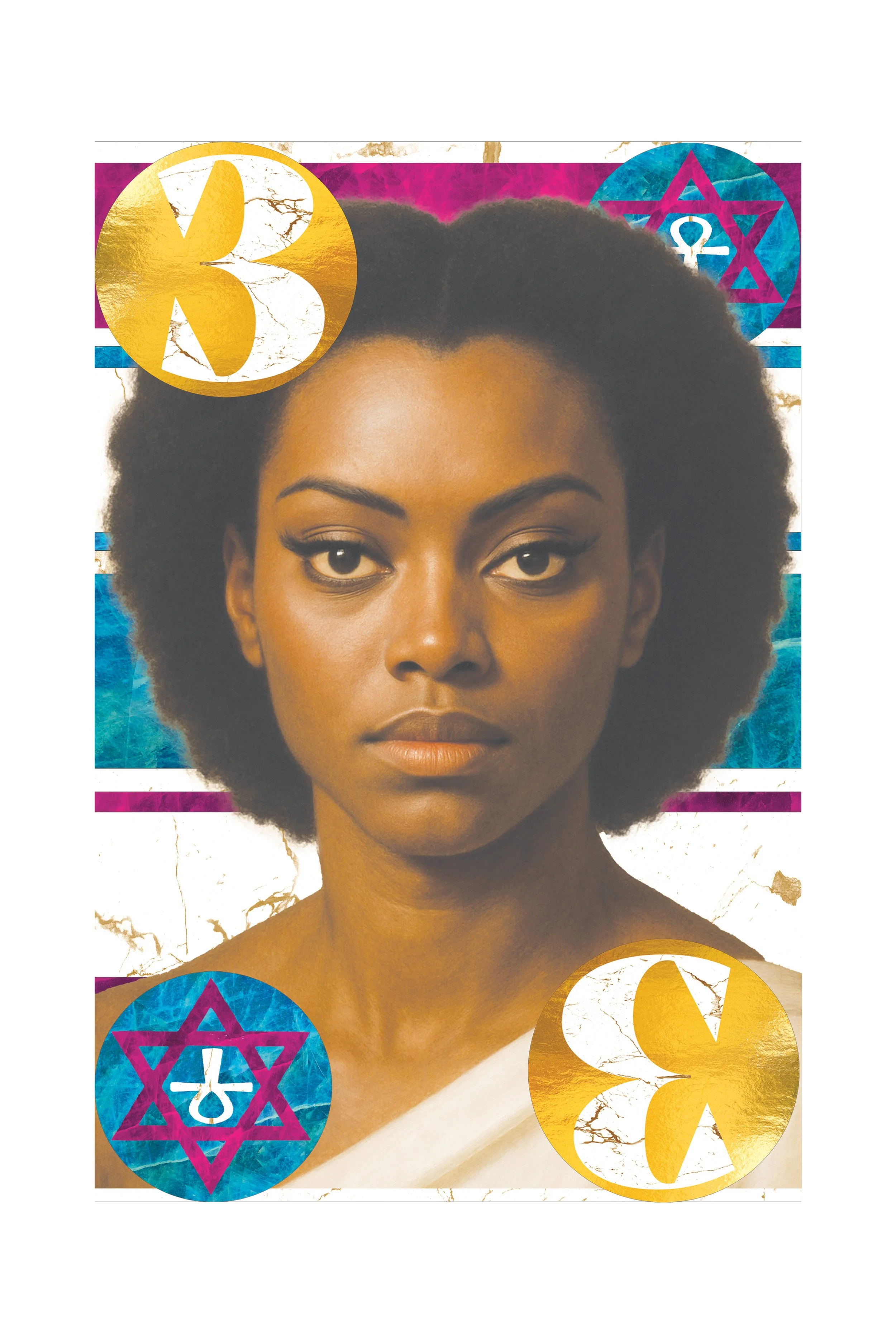 A woman with natural hair and brown skin looks directly at the camera in a portrait with colorful symbols and patterns around her face.
