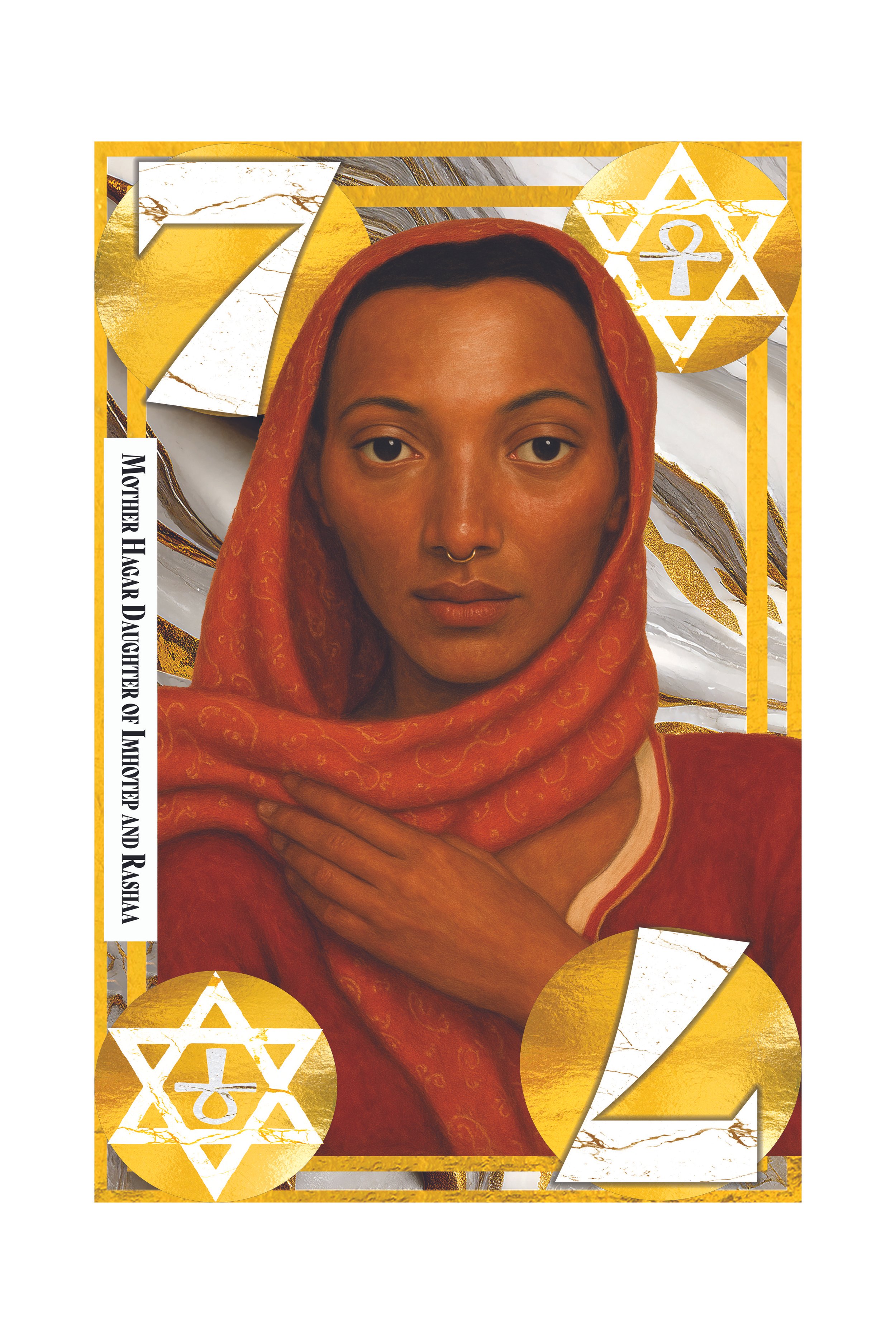 Portrait of a woman with a hijab, surrounded by gold and white geometric shapes and symbols. Text reads "Mother Hagar Daughter of MOTHER and RASHAD."