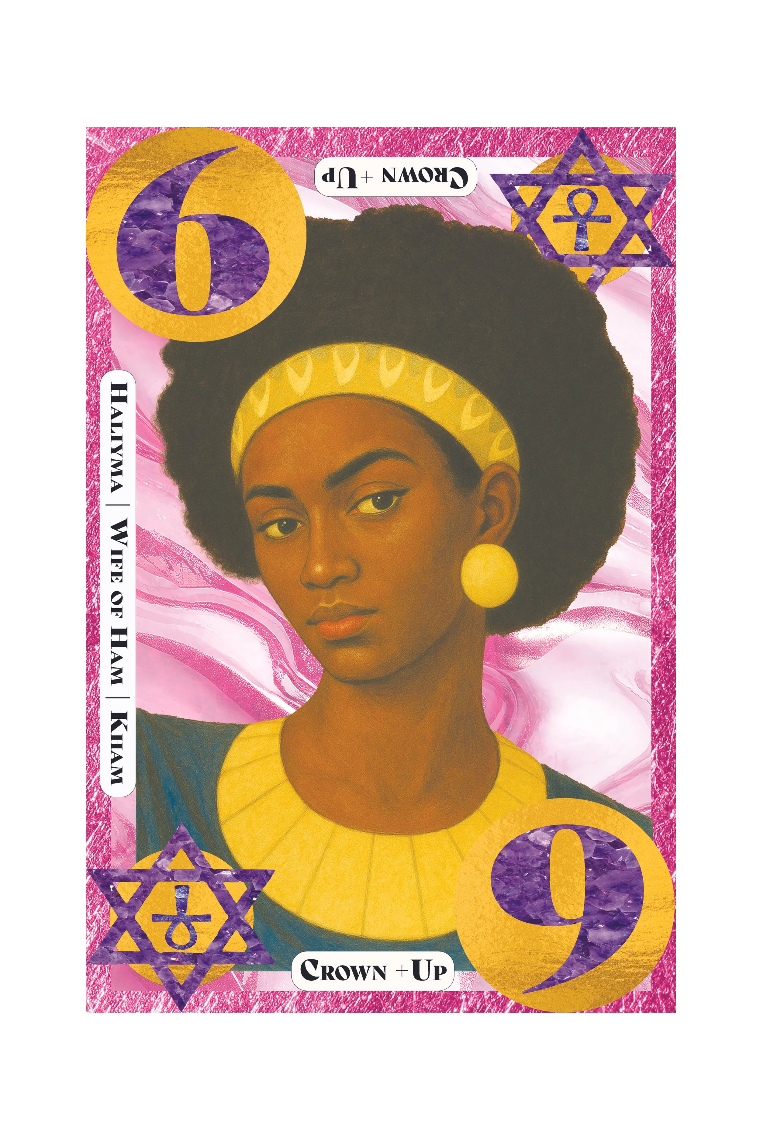 A stylized illustration of a woman with dark skin and an Afro hairstyle, wearing a yellow headband and large yellow earrings, against a pink and purple abstract background. The image has text and symbols, including a large purple number 6 in a yellow