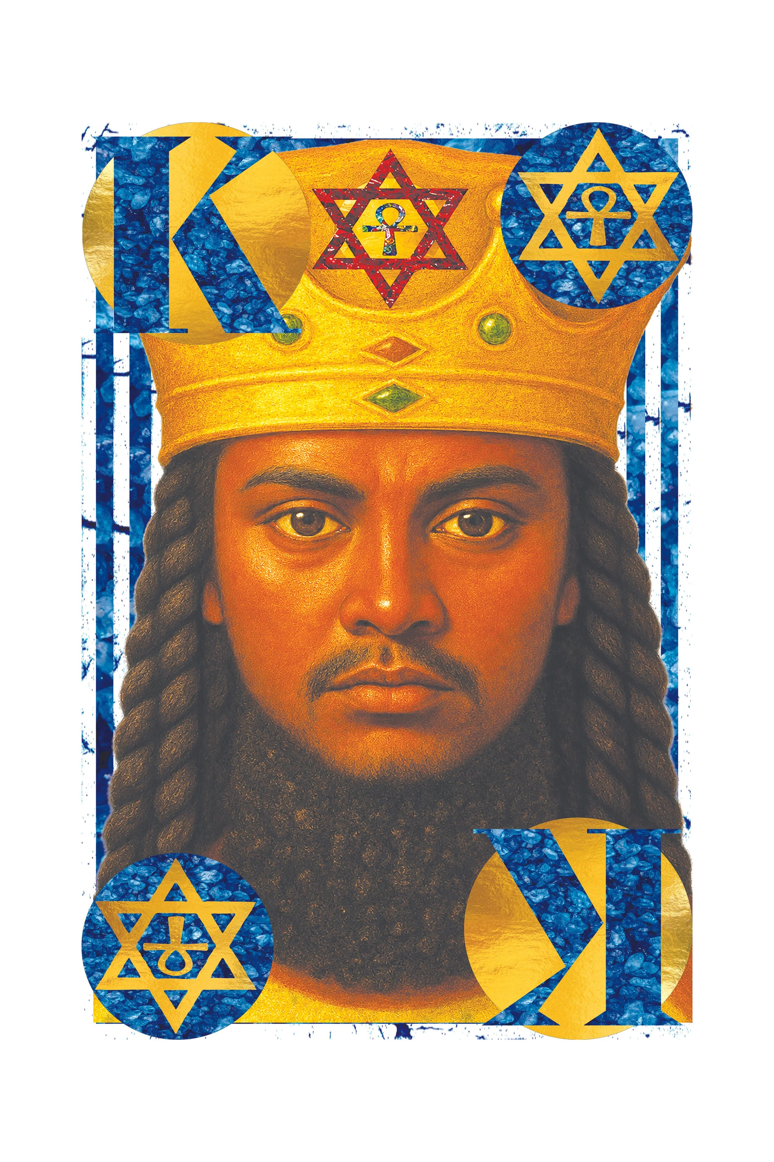 Close-up of a person with long hair and a beard, wearing a gold crown with green and red gems, and symbols of Star of David with the Omega and Alpha symbols and a menorah, on a background of a New Israeli Shekel banknote.