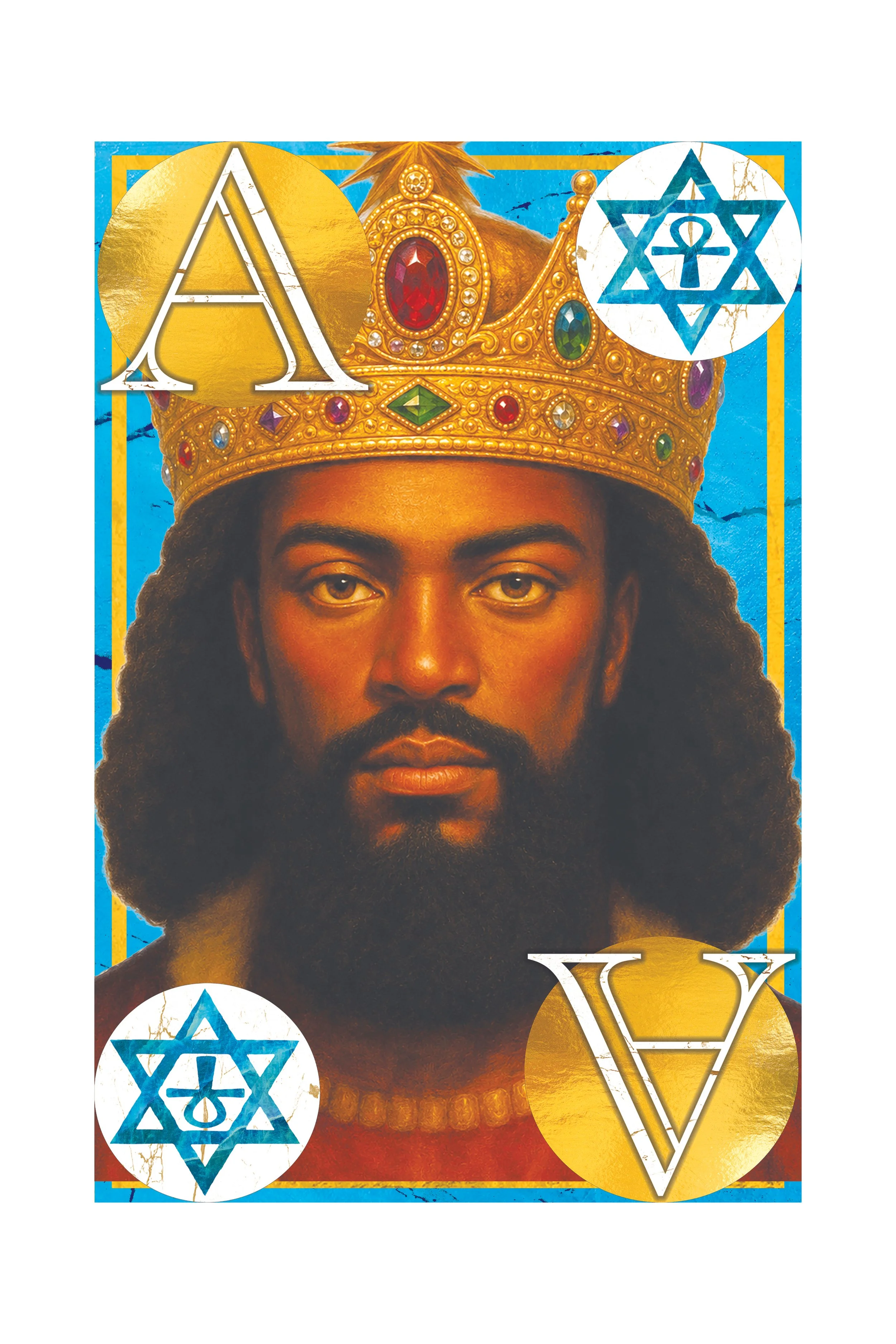 A man with a beard and curly hair wearing a gold crown decorated with multicolored jewels, against a background with a blue border. There are also four Star of David symbols and two crown symbols surrounding the man.