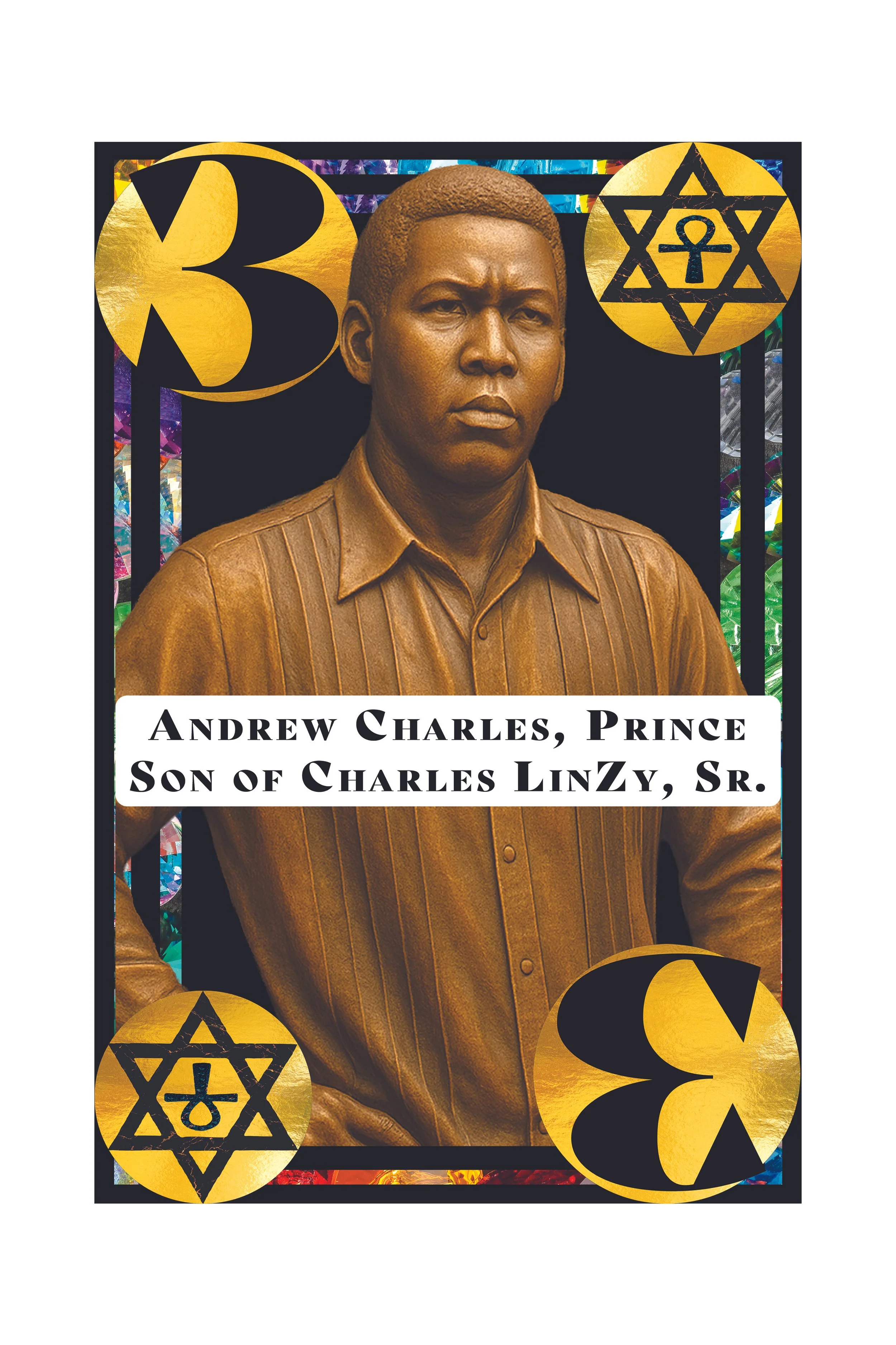 A portrait of a man with a serious expression, wearing a collared shirt, with decorative symbols and geometric designs around the border, including a Star of David, a crescent moon, and a large letter B.