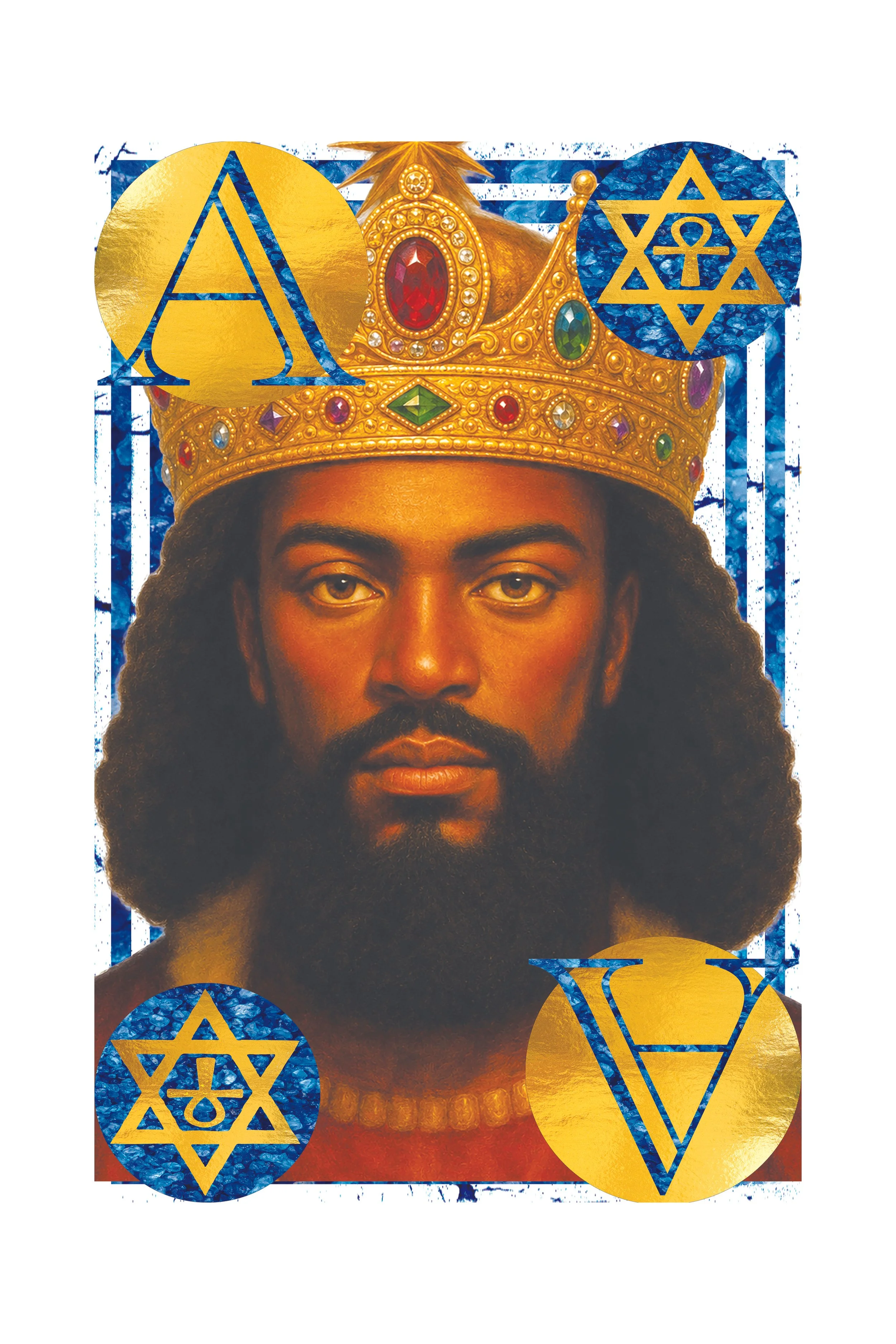 Portrait of a person wearing a crown with colorful jewels, set against a background with pink and blue elements, featuring various gold and blue symbols, including a Star of David and other geometric shapes.
