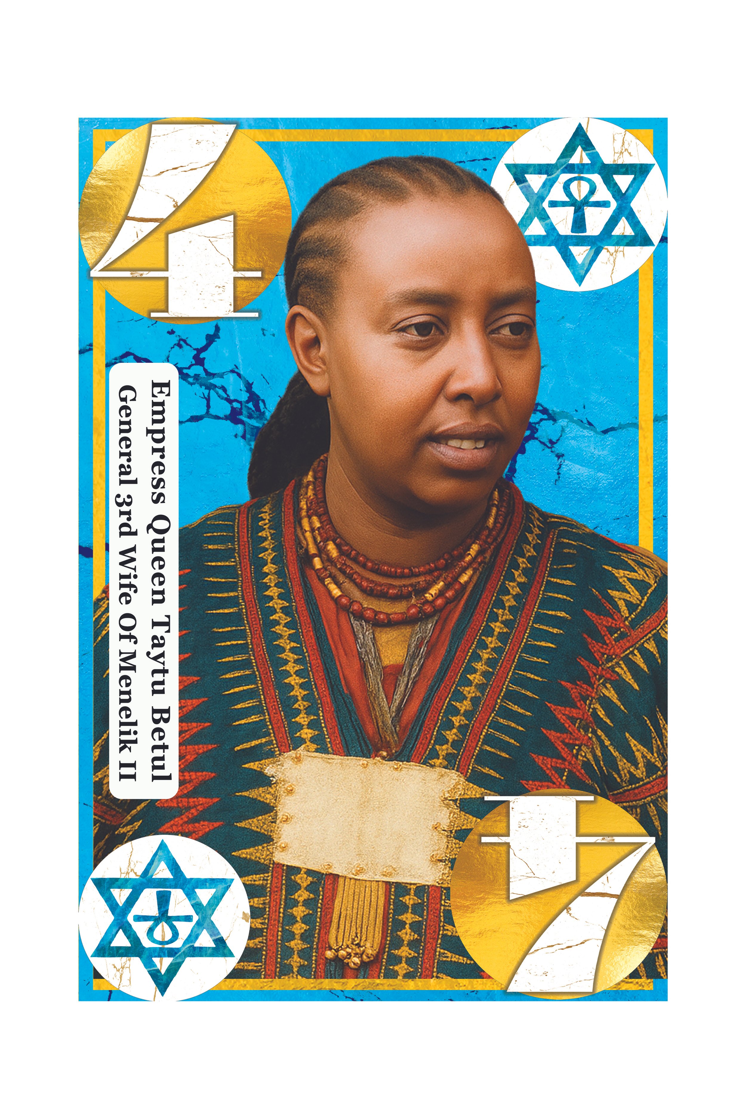 Portrait of a woman wearing traditional African attire and jewelry, with a blue background featuring stenciled symbols and large gold numbers 7 and 21.
