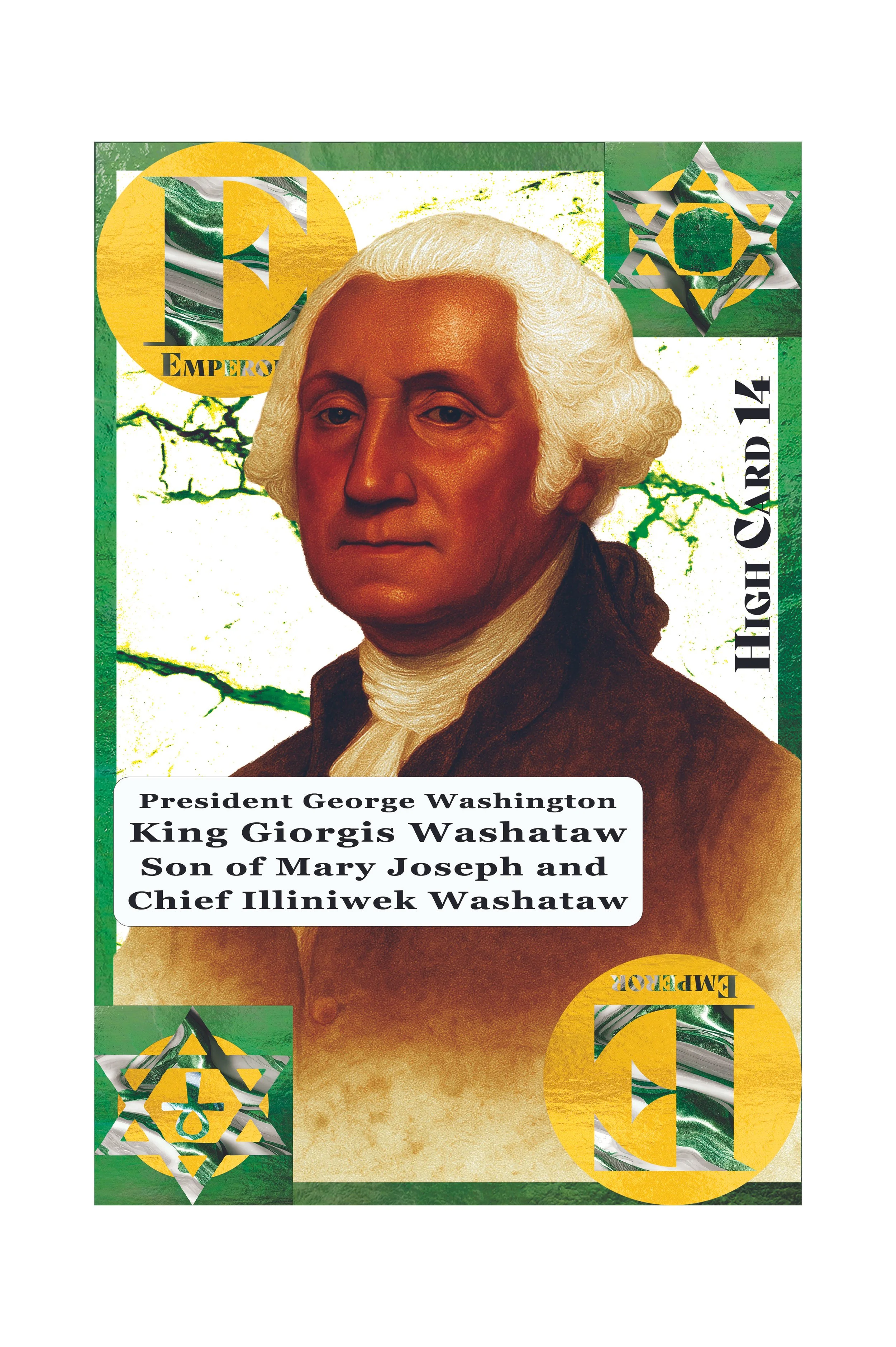 A stylized representation of a currency note featuring a portrait of George Washington, with green, yellow, and black decorative elements and text about George Washington.