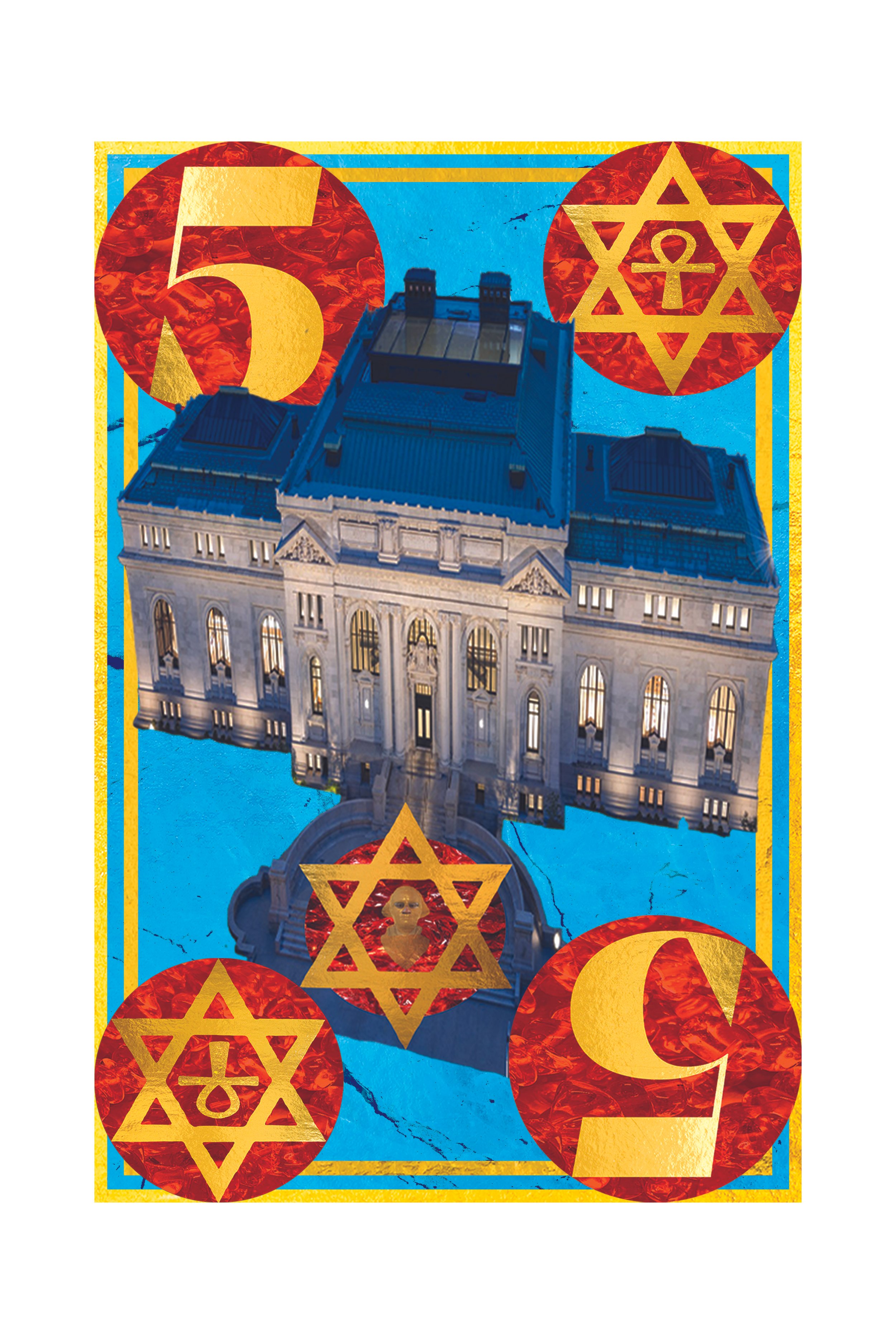 A building with a blue sky in the background, overlaid with red and gold symbols, including a large gold number 5 and a Star of David with a yin-yang symbol inside, creating a collage-like appearance.
