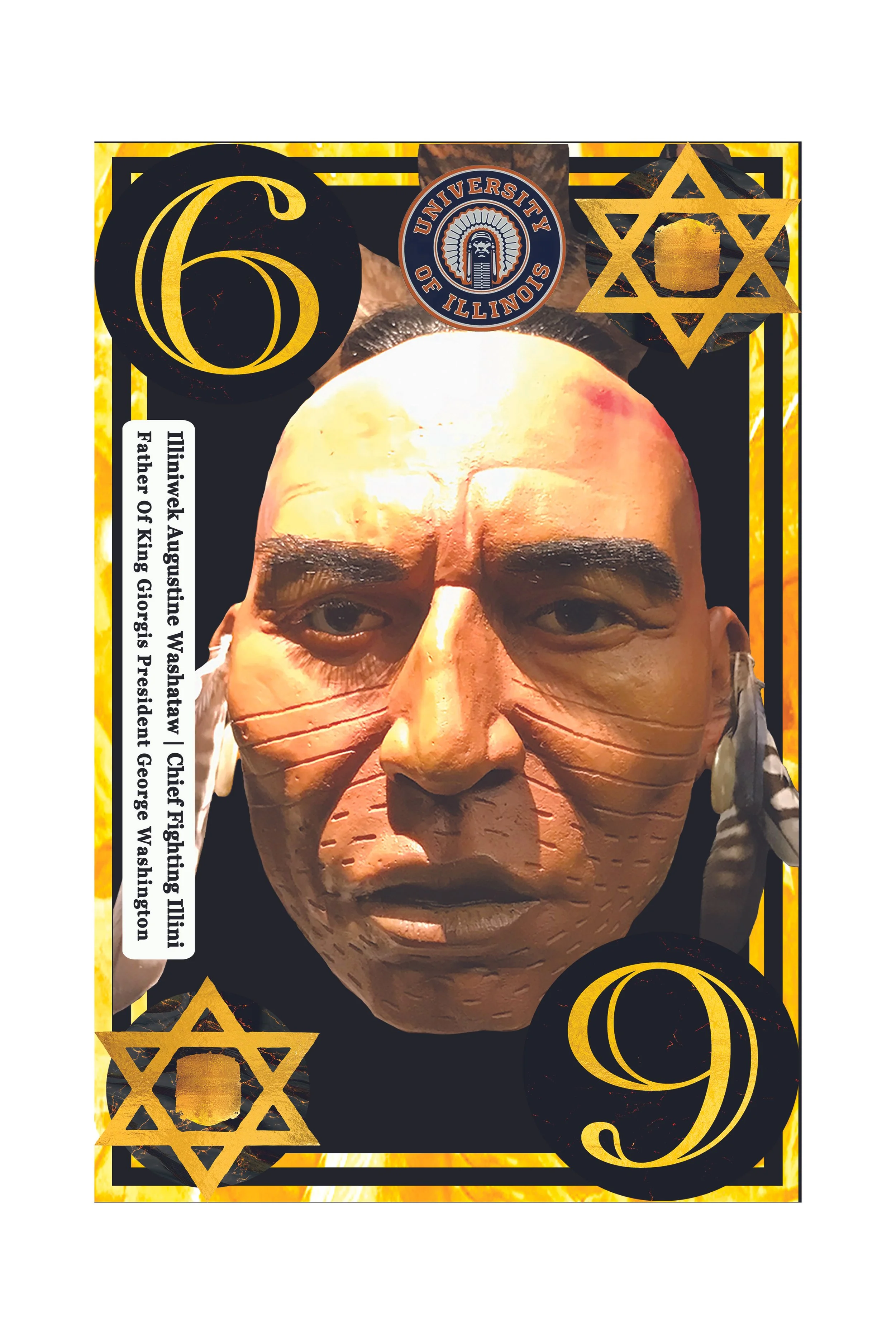 A man wearing a traditional mask with facial features painted on, surrounded by decorative symbols including the number 6, a star, and other shapes, with a banner stating "Himiwek Augustine Washington".
