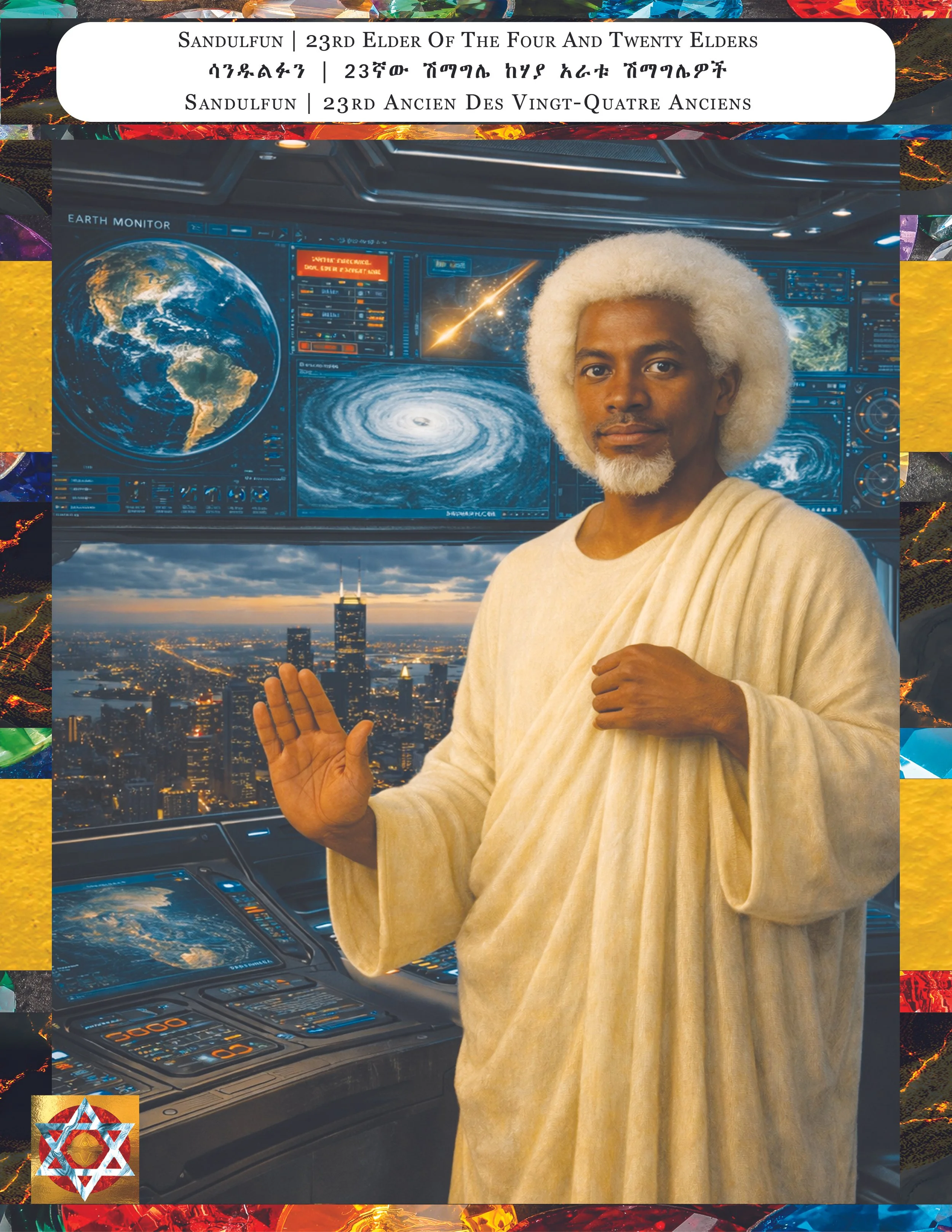 A man with silver hair and beard dressed in beige robes standing in front of a large futuristic display of Earth, a galaxy, and various data screens, with cityscape and sunset in the background.